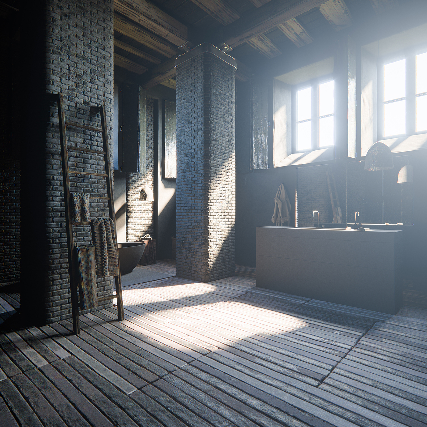 Interior bathroom finca Render vray dark rustic wood DoubleAye design