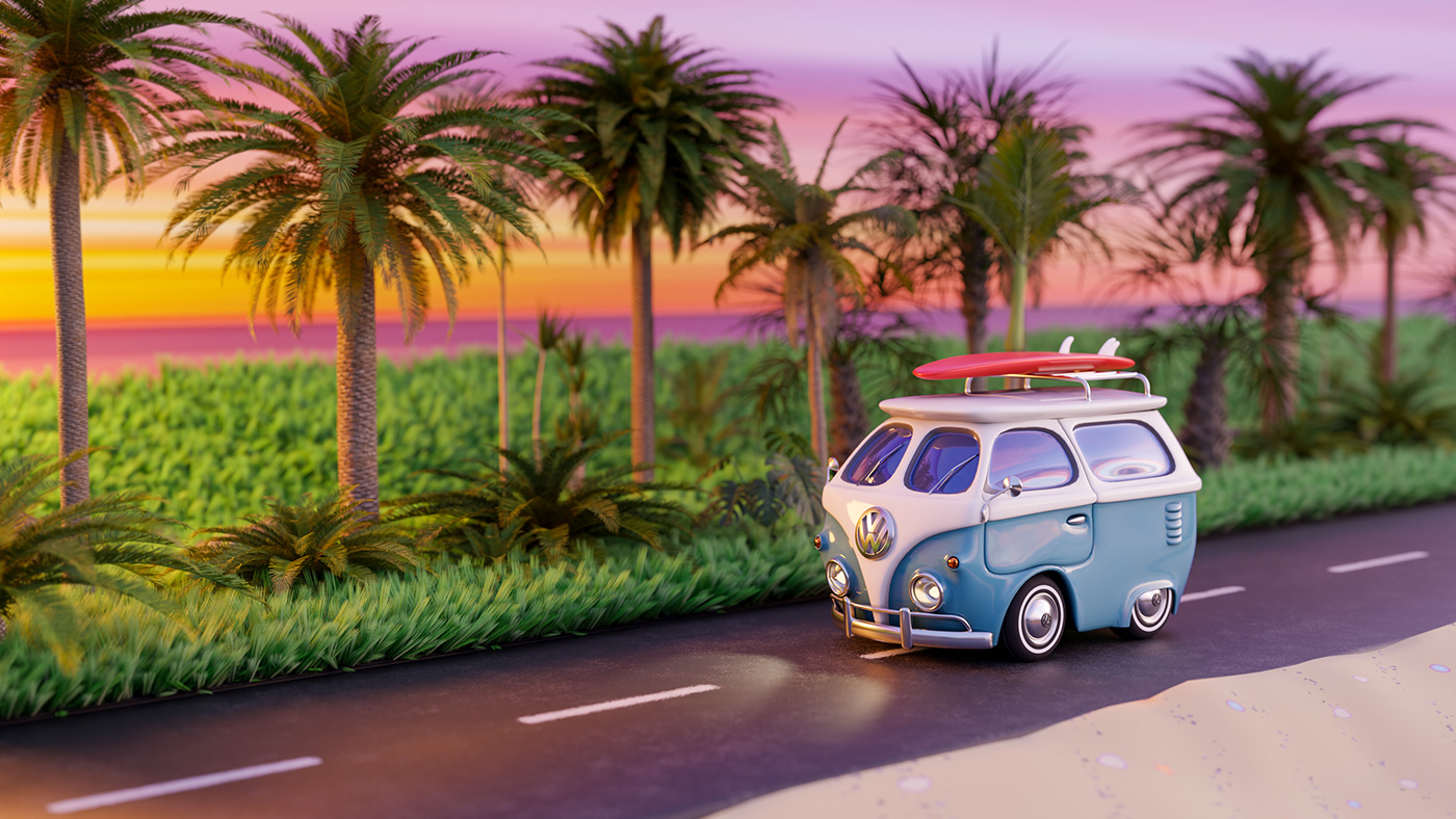 3D illustration 3d modeling digital 3d RoadTrip camper Van car road stylized bus