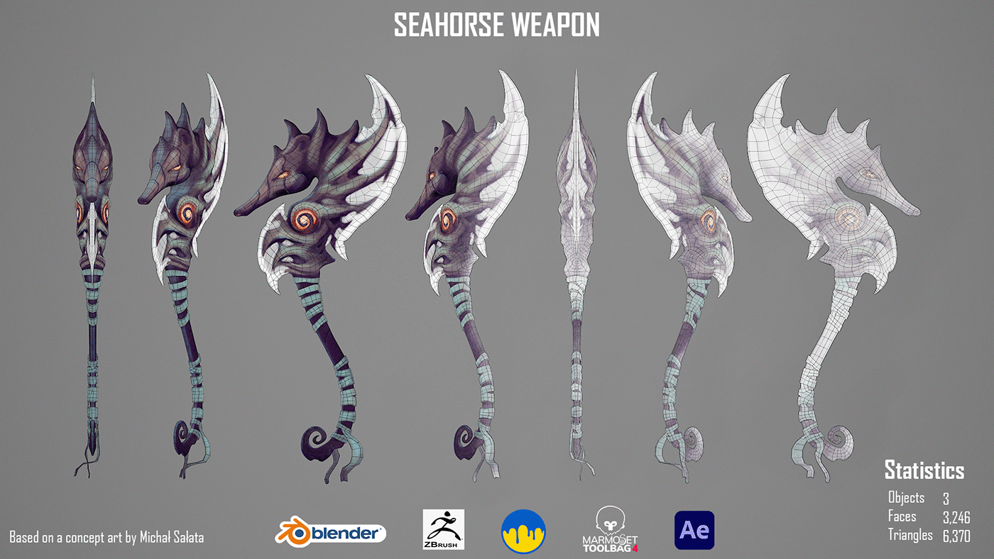 seahorse Weapon Game Art stylized sculpting  Zbrush blender modeling 3dcoat game-ready asset