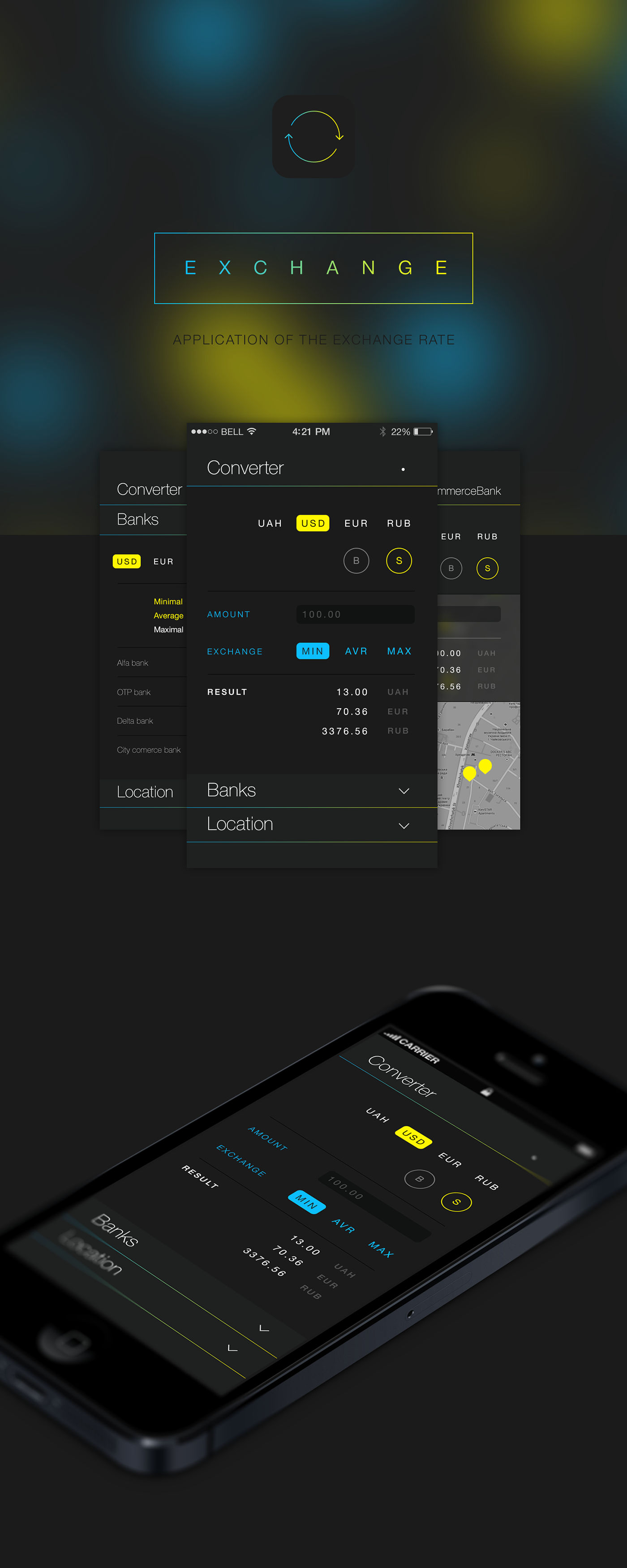 ios iphone app black exchange interactive blur map money currency location ux UI Interface Icon