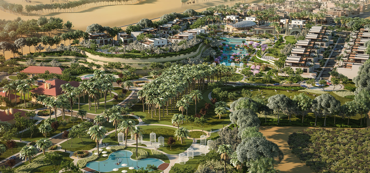 architecture rendering design art visualization desert dubai palms water resort