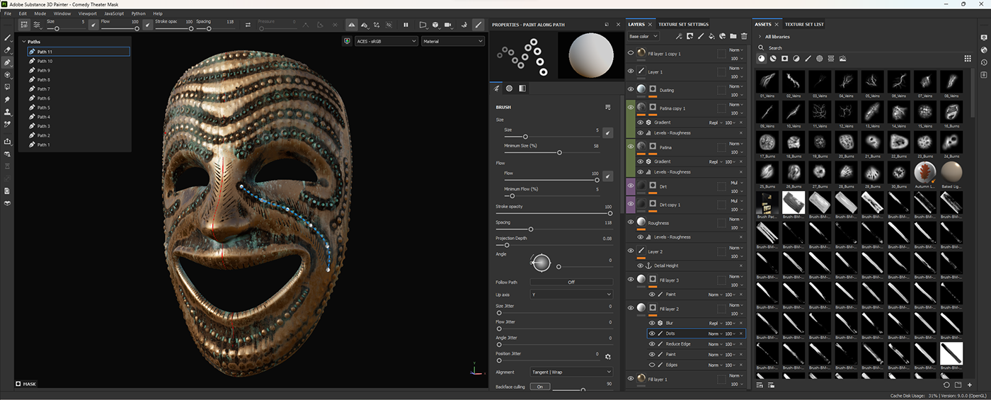 Screenshot of a 3d model of a mask being painted in Substance Painter