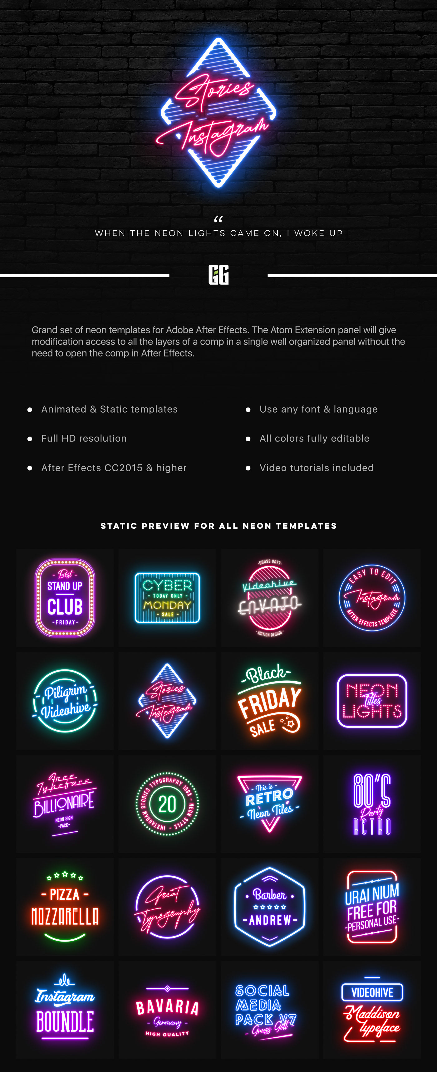 neon sign titles animation  template after effects video motion design design instagram
