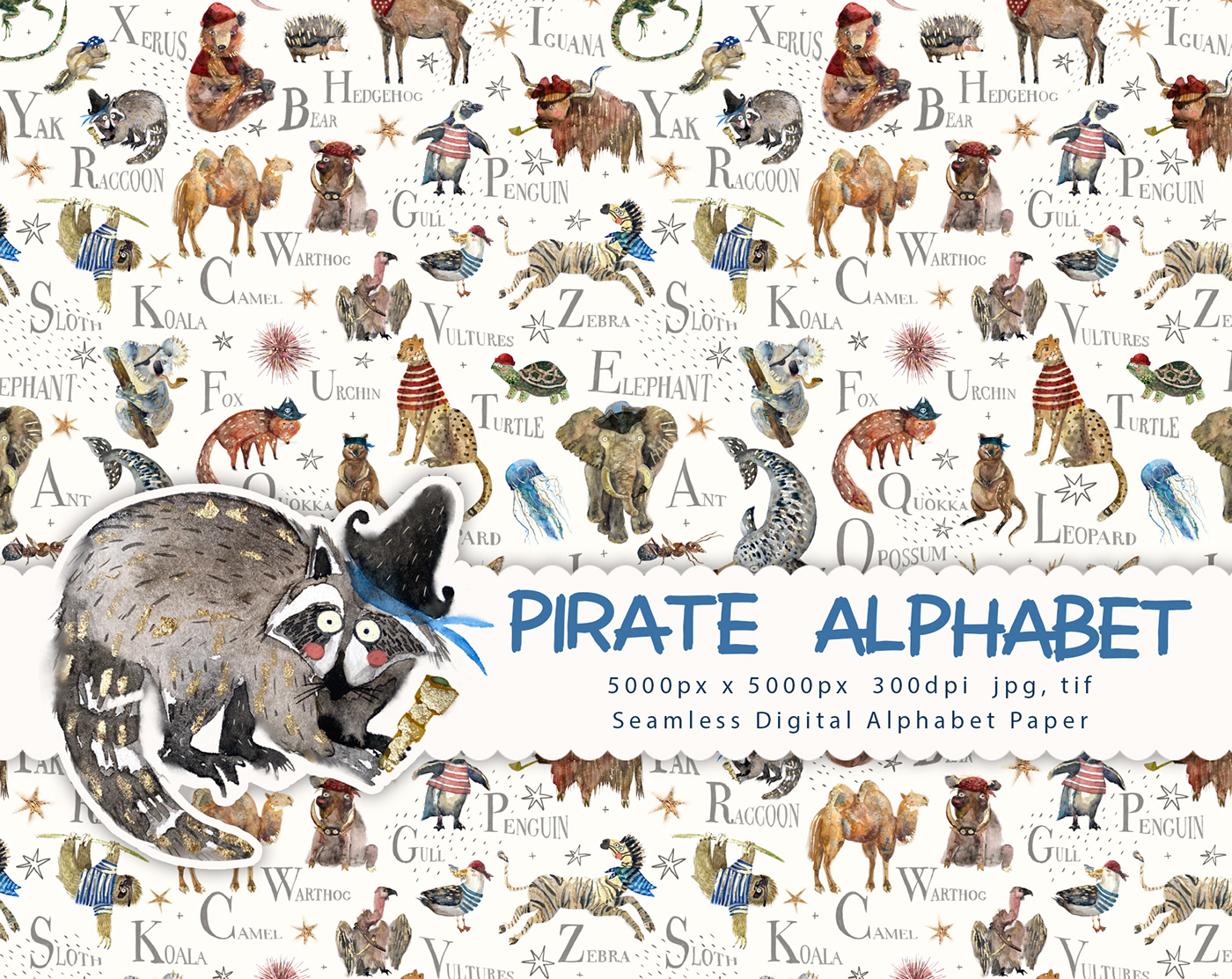 ABC alphabet Character painting   pattern pirate poster textile wallpaper watercolor