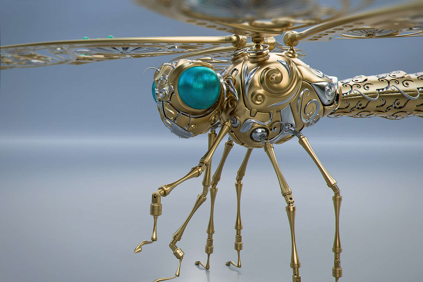 hard surface jewelry gold dragonfly ornament detail
