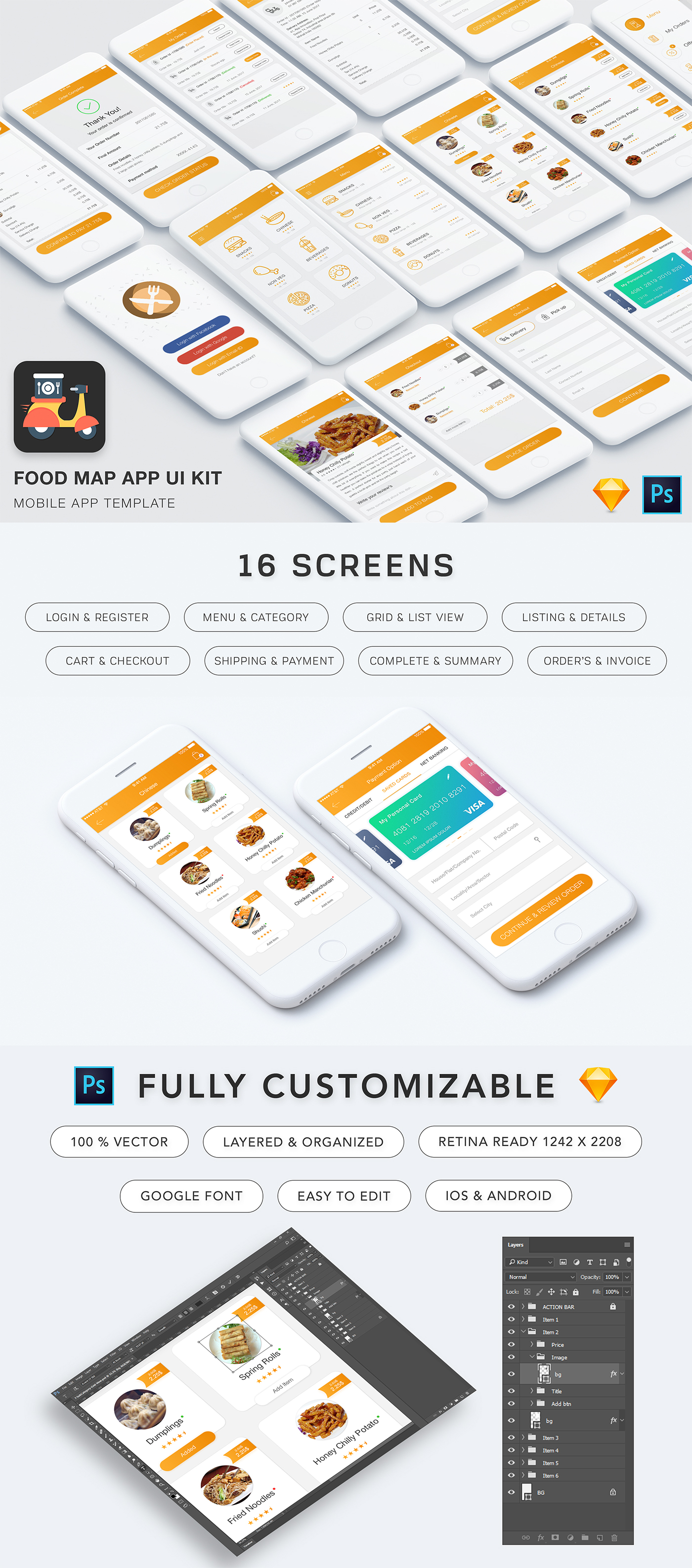 Food  restaurant app delivery ordering ui kit multi purpose premium freebie ui ux