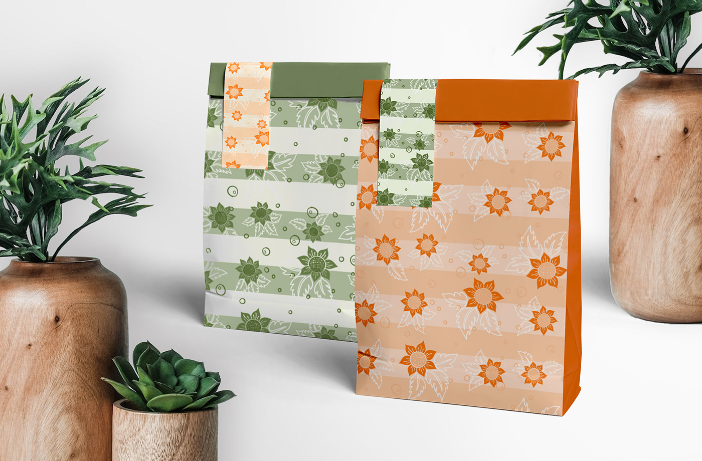 paper bags mock-up, seamless vector floral pattern, abstract floral horizontal stripe pattern