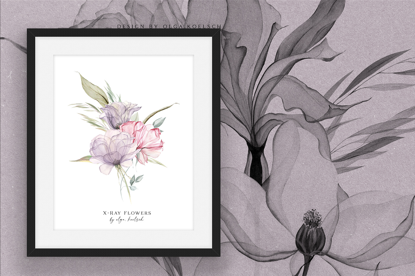 Watercolor X-ray flowers for wall art design