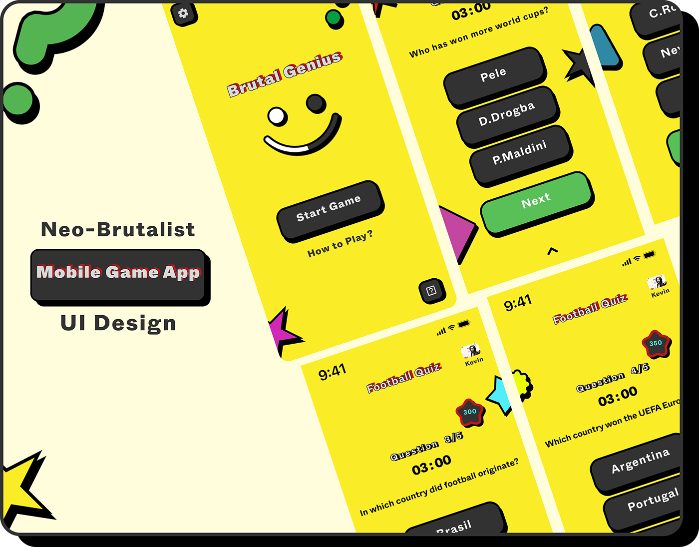 Game App Design Quiz Game neobrutalism Brutalist app ui design Mobile app UX UI DESign