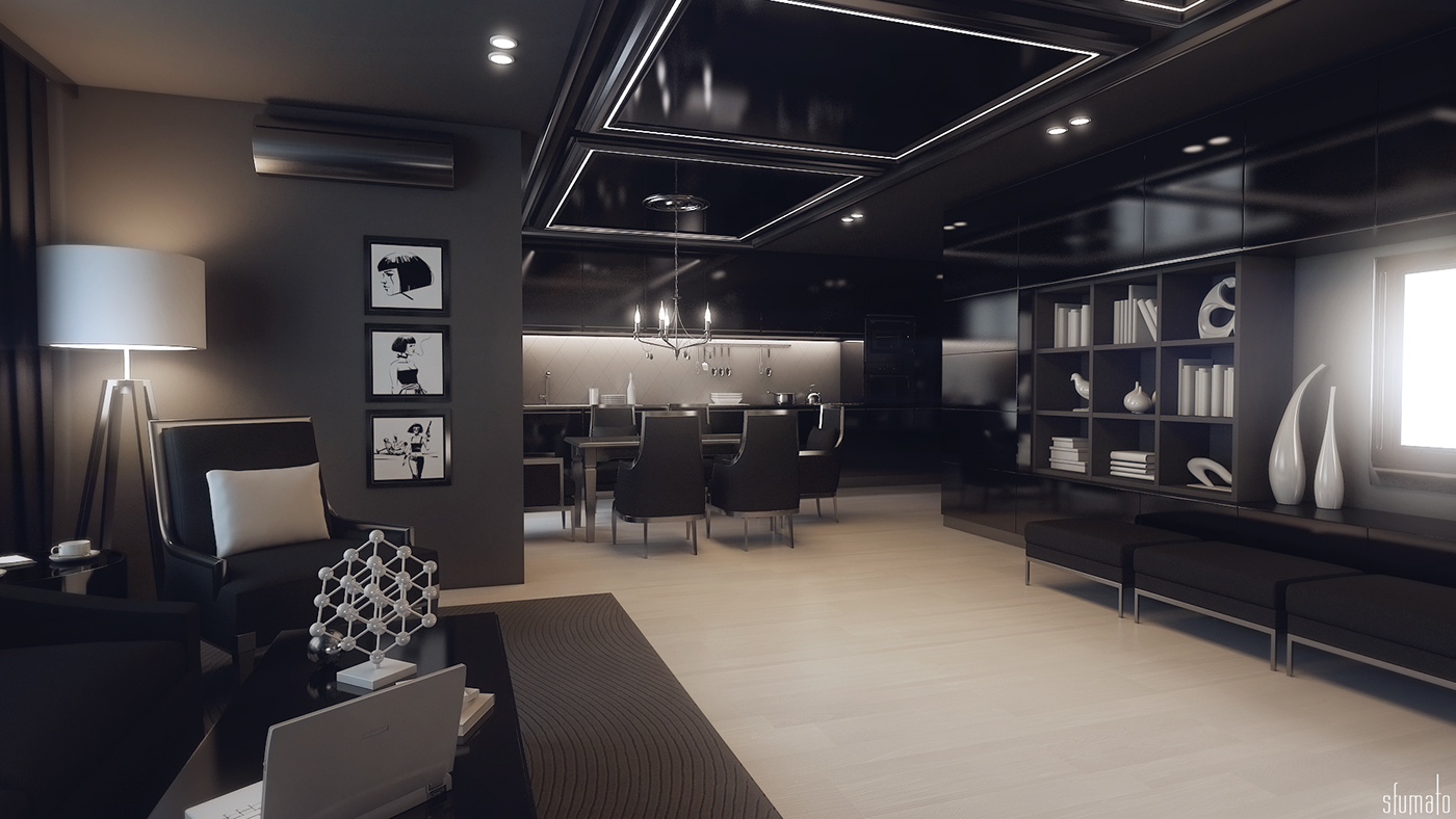 Interior concept design room 3D dark environment
