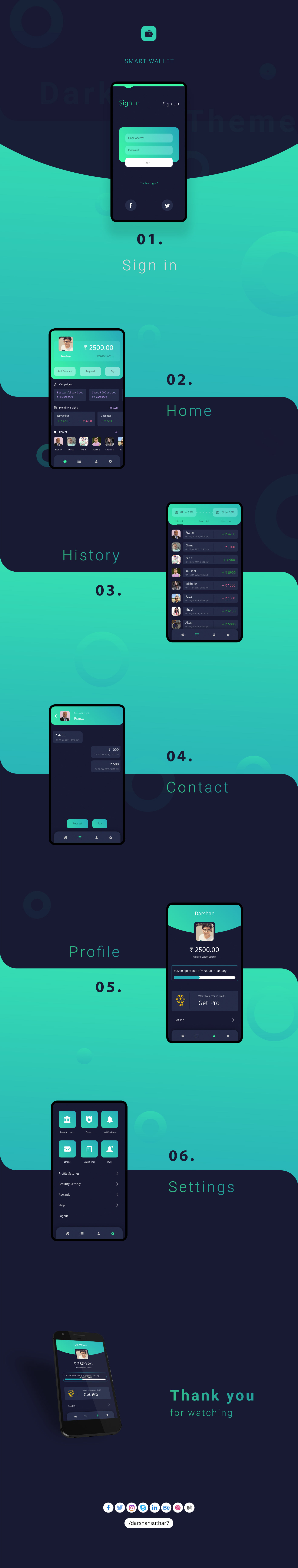WALLET finance mobile app design dark Theme creative experience clean simple gradient navigation