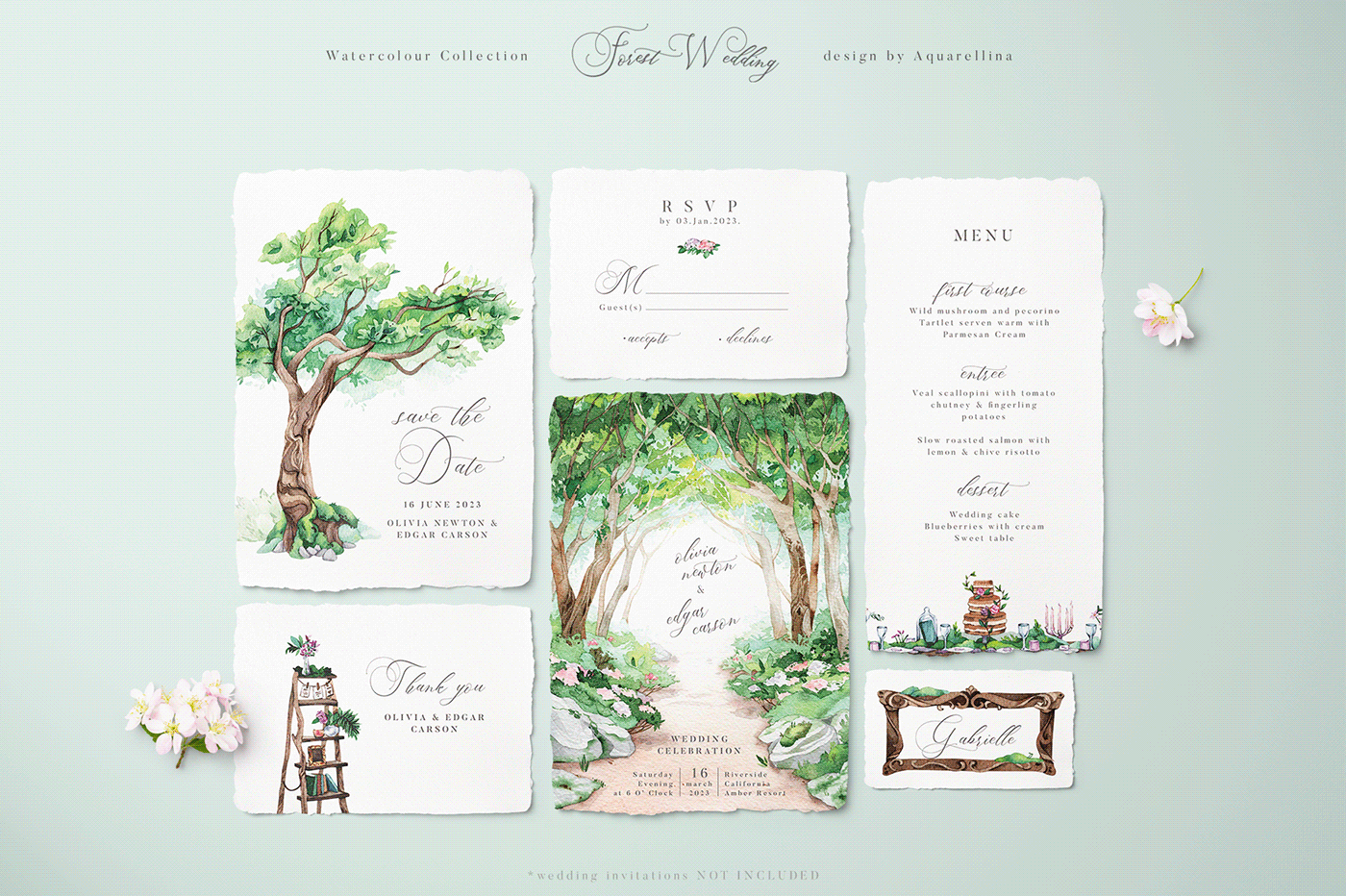wedding invitations watercolour aquarelle save the date forest forest wedding wedding suite wedding stationery Wedding Invites