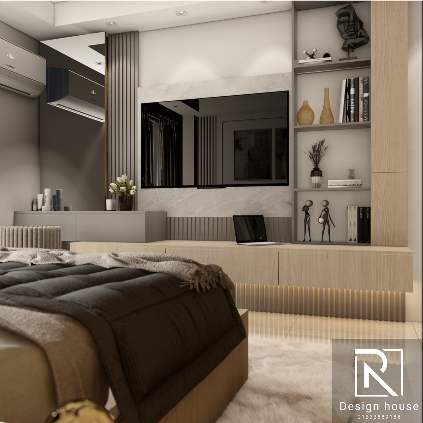 Grey Matt PVC white acrylic Wood texture Acrylic indoor interior design  bedroom design visualization Render bedroom modern