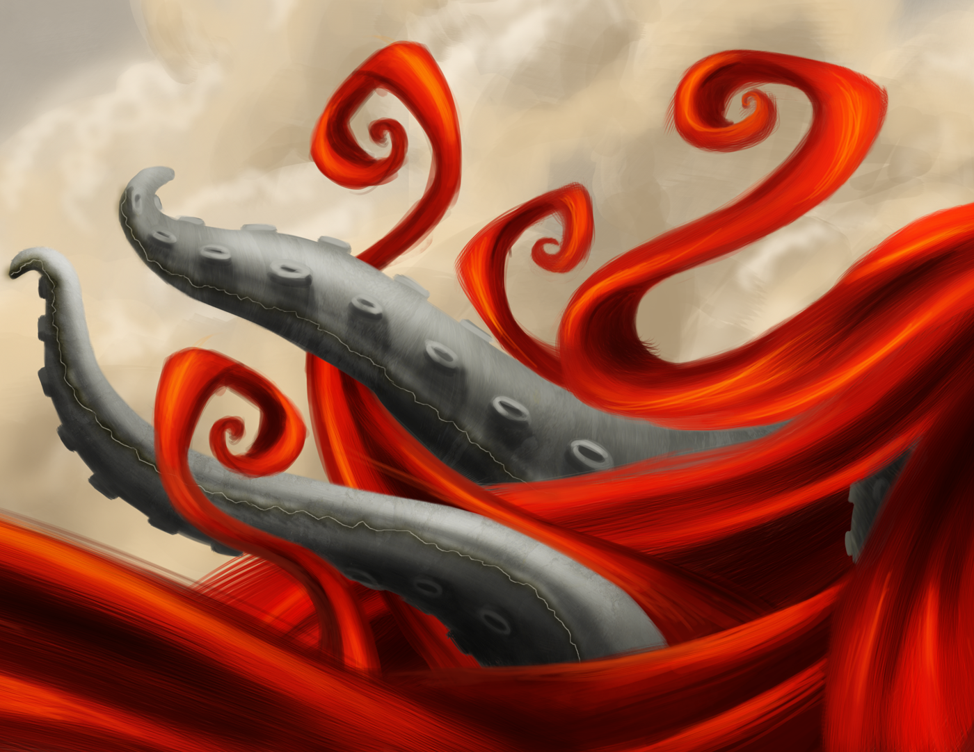 Illustation digital art tentacles statue red hair Abyss abyssal fish sea under jellyfish siren futuristic