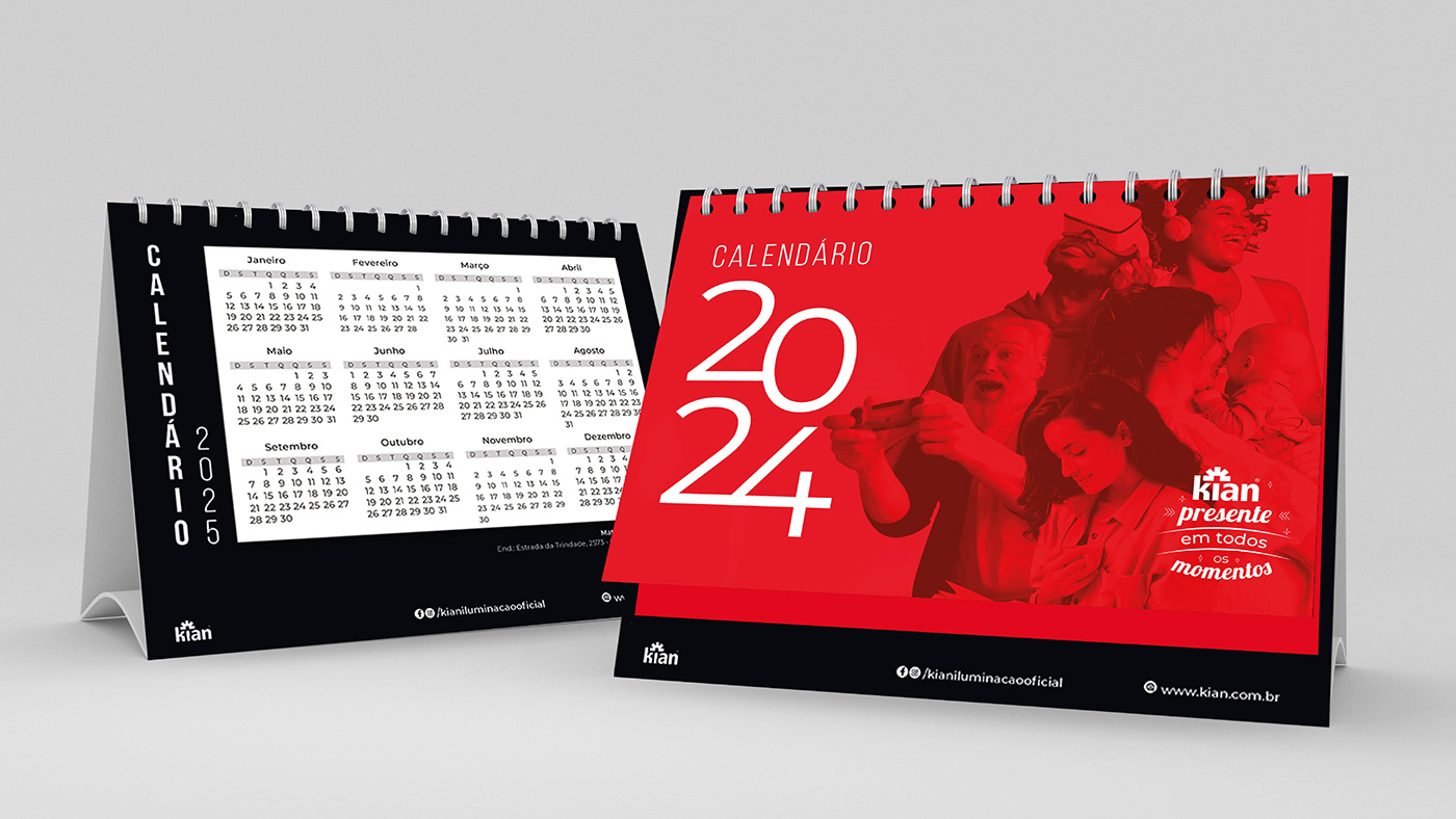 Imagem contendo frente e verso do calendário de mesa 2024 da empresa Kian.