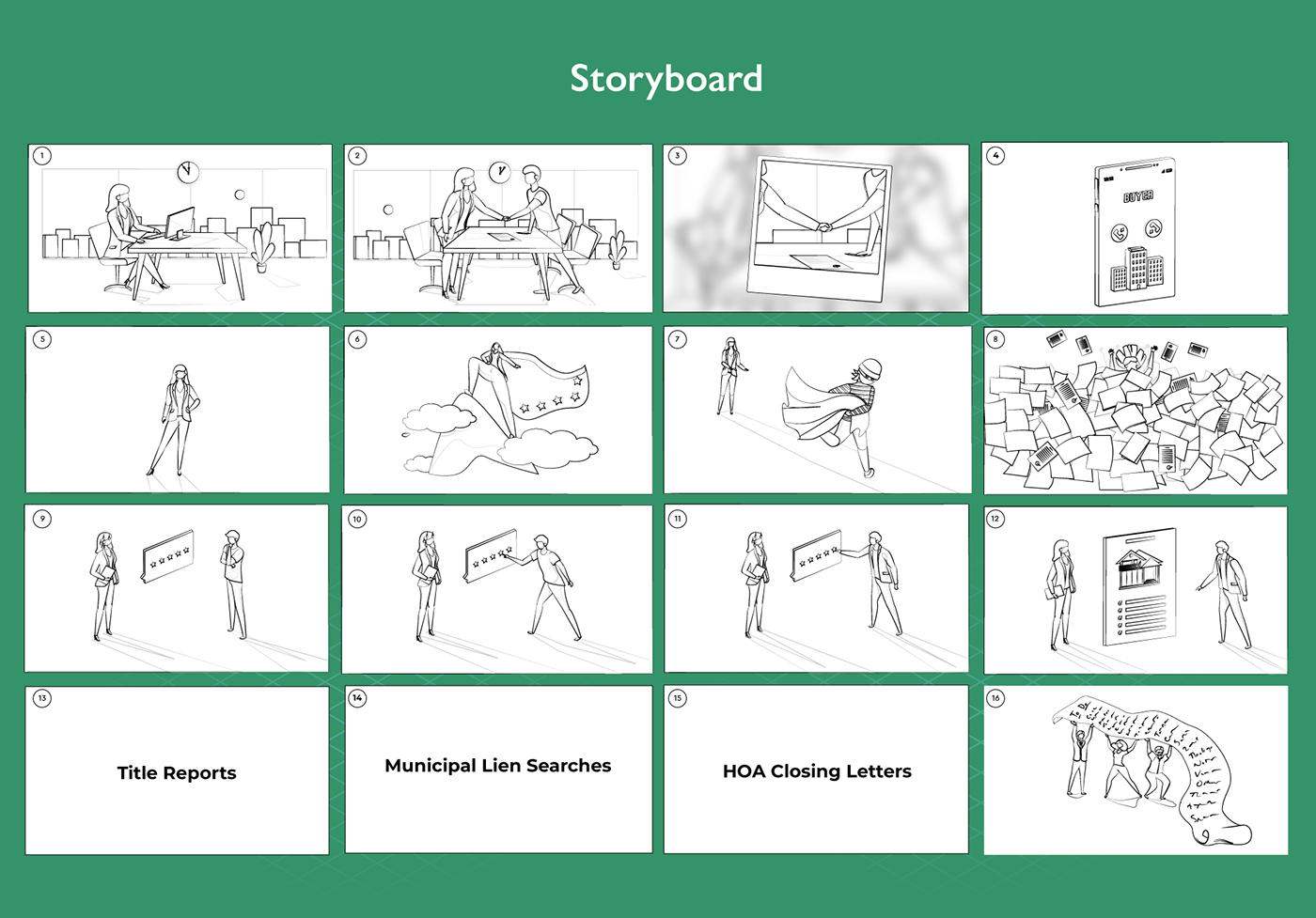 Lineart design storyboart, screens of video, scenes
