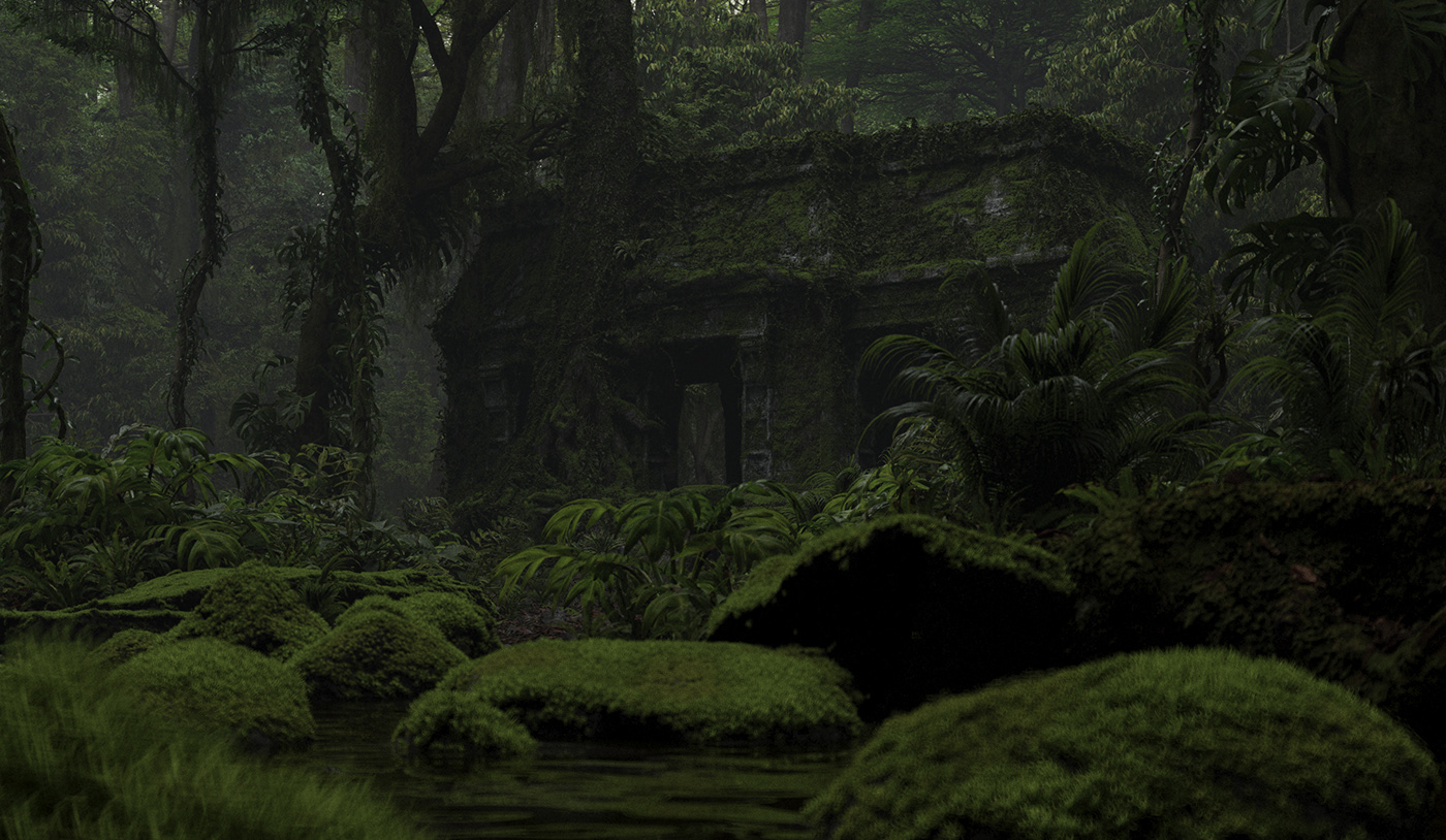 3D CGI fog gloom jungle mayan SpeedTree temple vegetation vfx