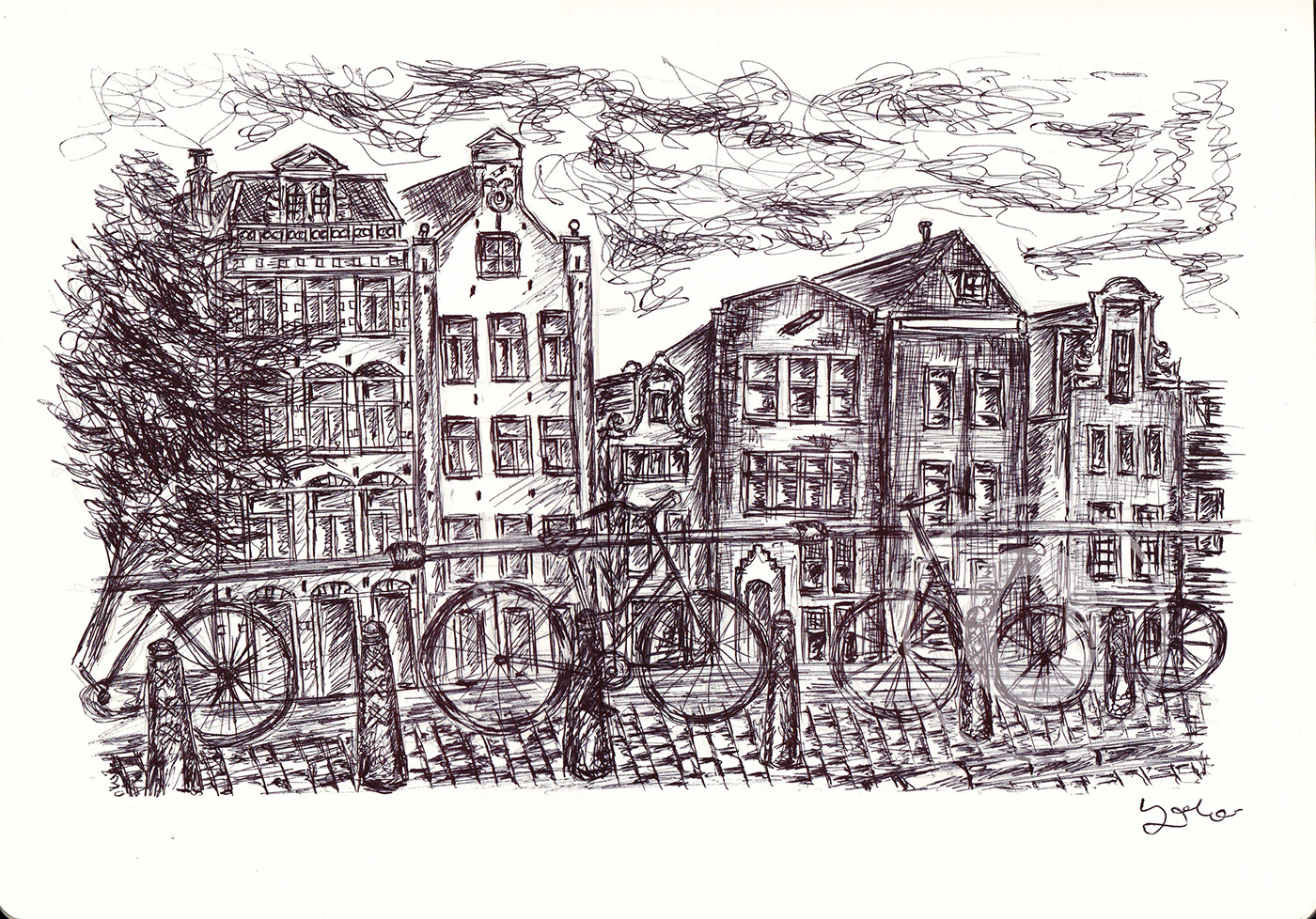 ballpen Drawing  trip Street land scape amsterdam netherland