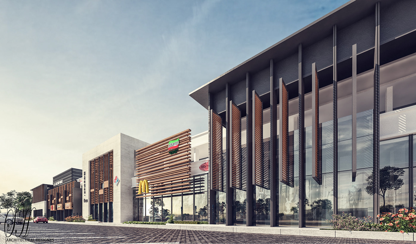 architecture facade foodcourt mashrbia pattern plans Retail Saudi strip mall visualization