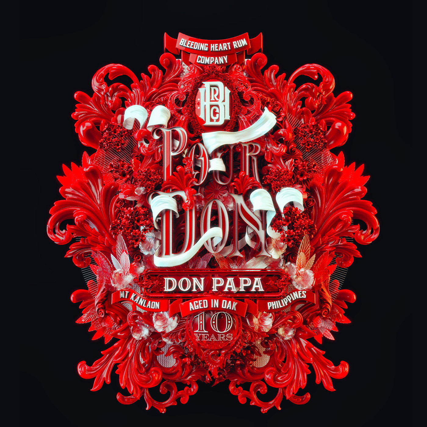 Rum alcohol Don Papa rococo Acanthus lush details 3D typography