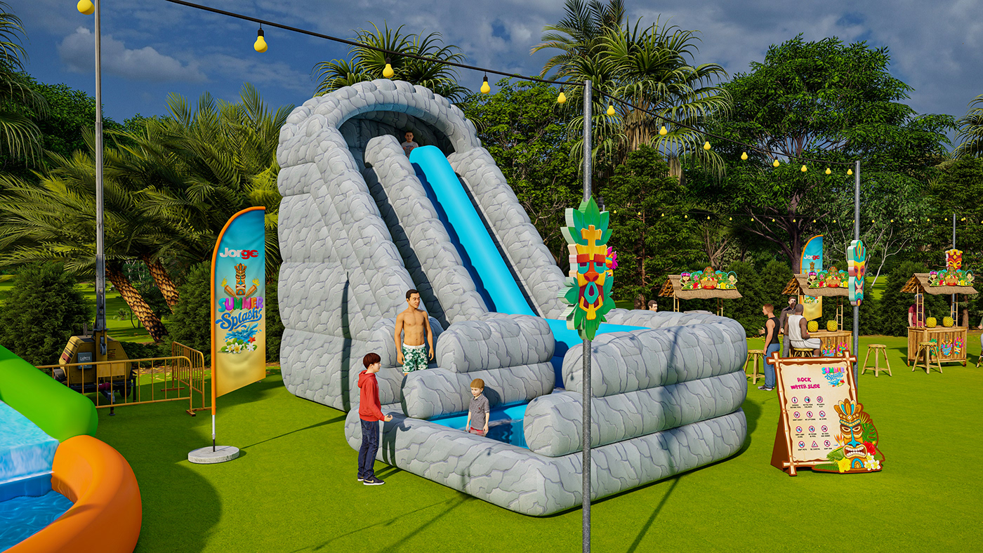 summer splash waterpark Carnival tiki bar tropical theme Bouncy Castle hawaiian theme water games water slide water slides