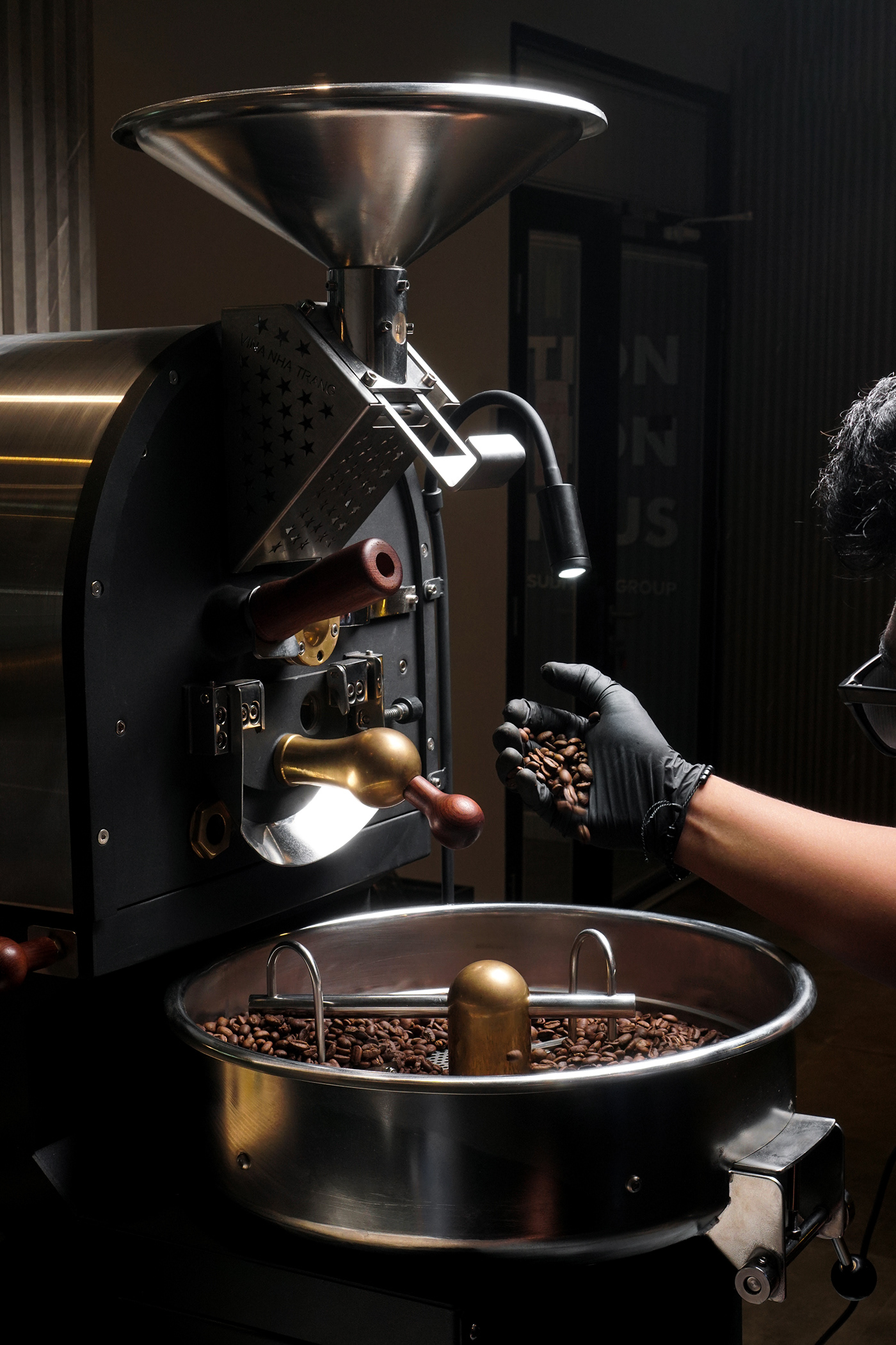 indoor Coffee roasting machine Photography  photoshoot lightroom black on black identity brand