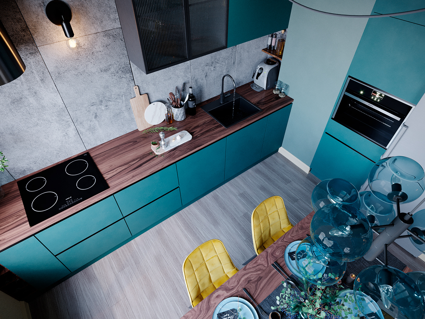 design Interior apartment architecture green kitchen living modern room visualization