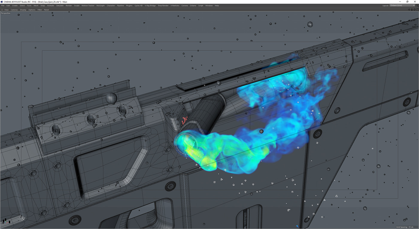 Gun Shellcase simulation Eject Octane Render cinema 4d Rapahel Rau Silverwing