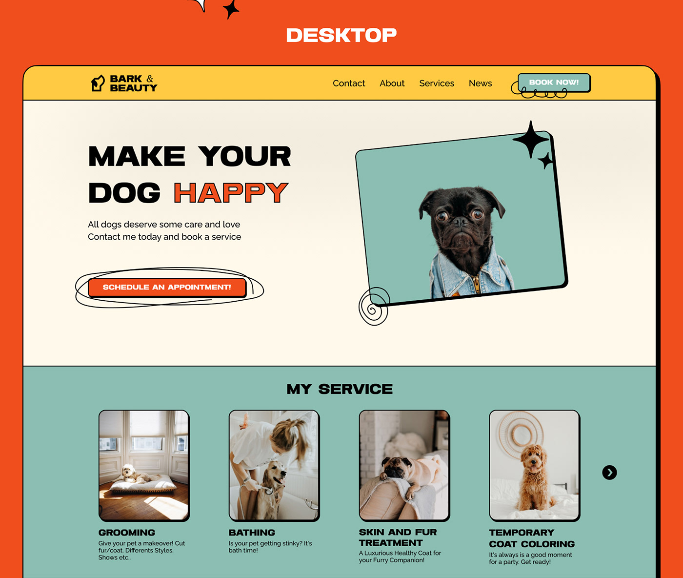 animal dog Figma Grooming Salon  landing page mobile neobrutalism ui design UI/UX Website