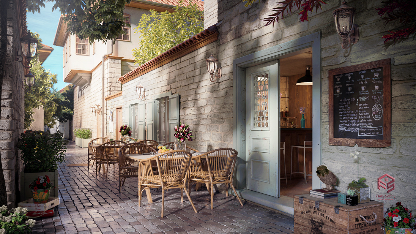 3dsmax Ancient archviz cafe exterior design greek interior design  restaurant visualization vray