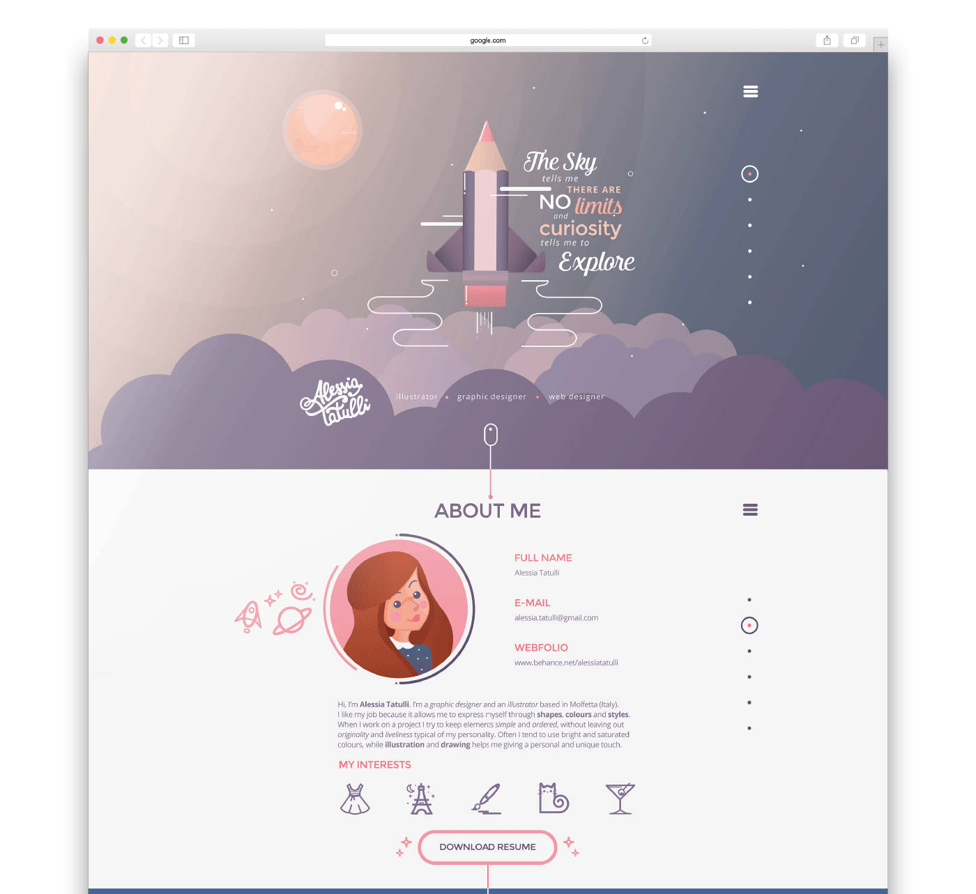 Space  Creativity SKY vector flat Layout Personal Layout personal rocket pencil skills Resume onepage Website