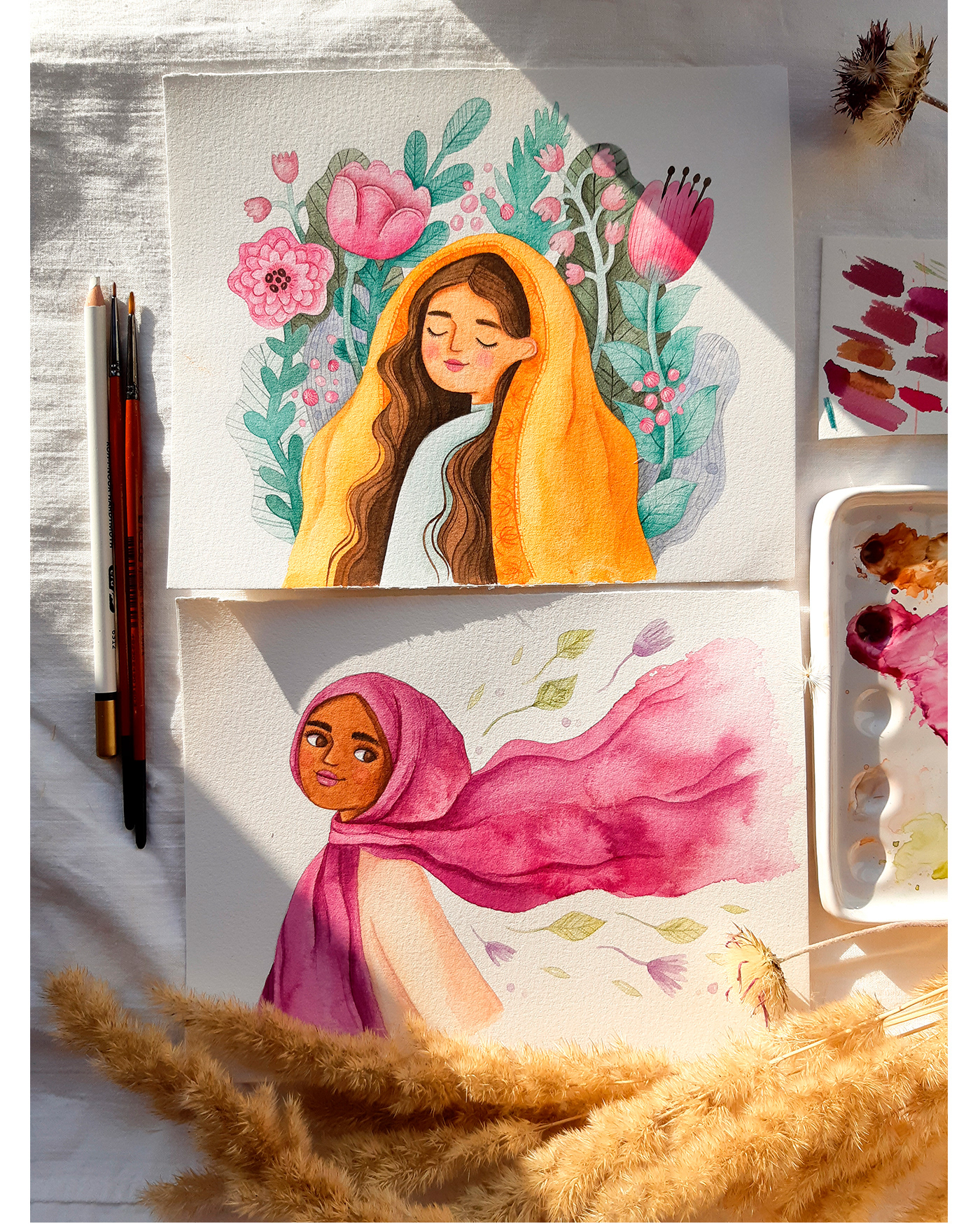 brand Character design  design girls hand drawn ILLUSTRATION  Packaging shawl Tote Bag watercolor
