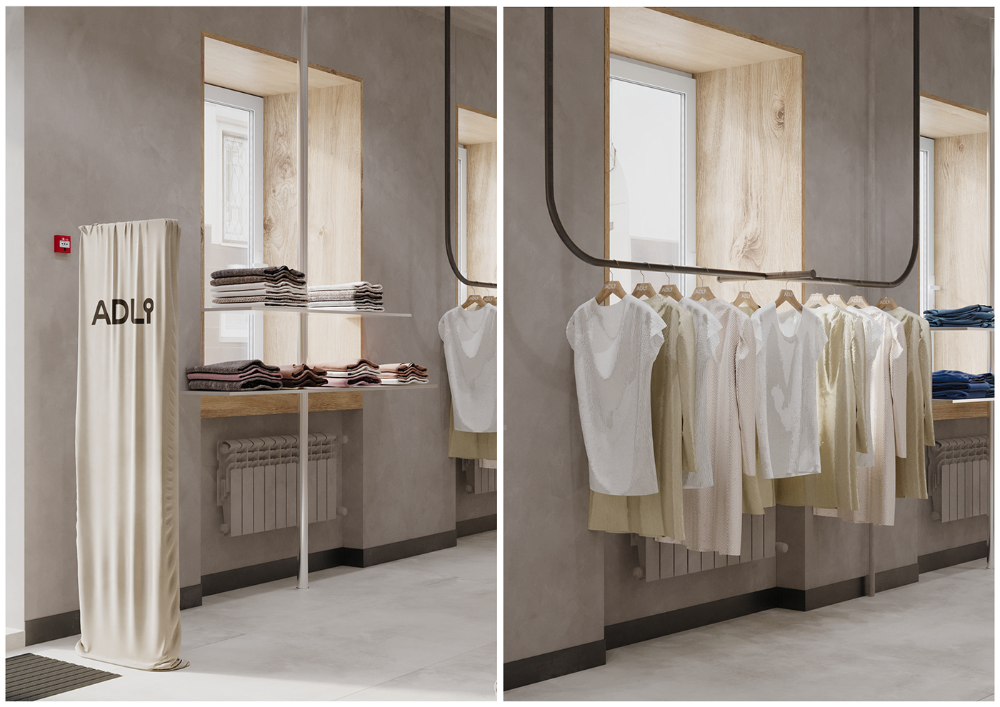 clothing store dressing room showroom hangers railing shop mirrors reception cash desk