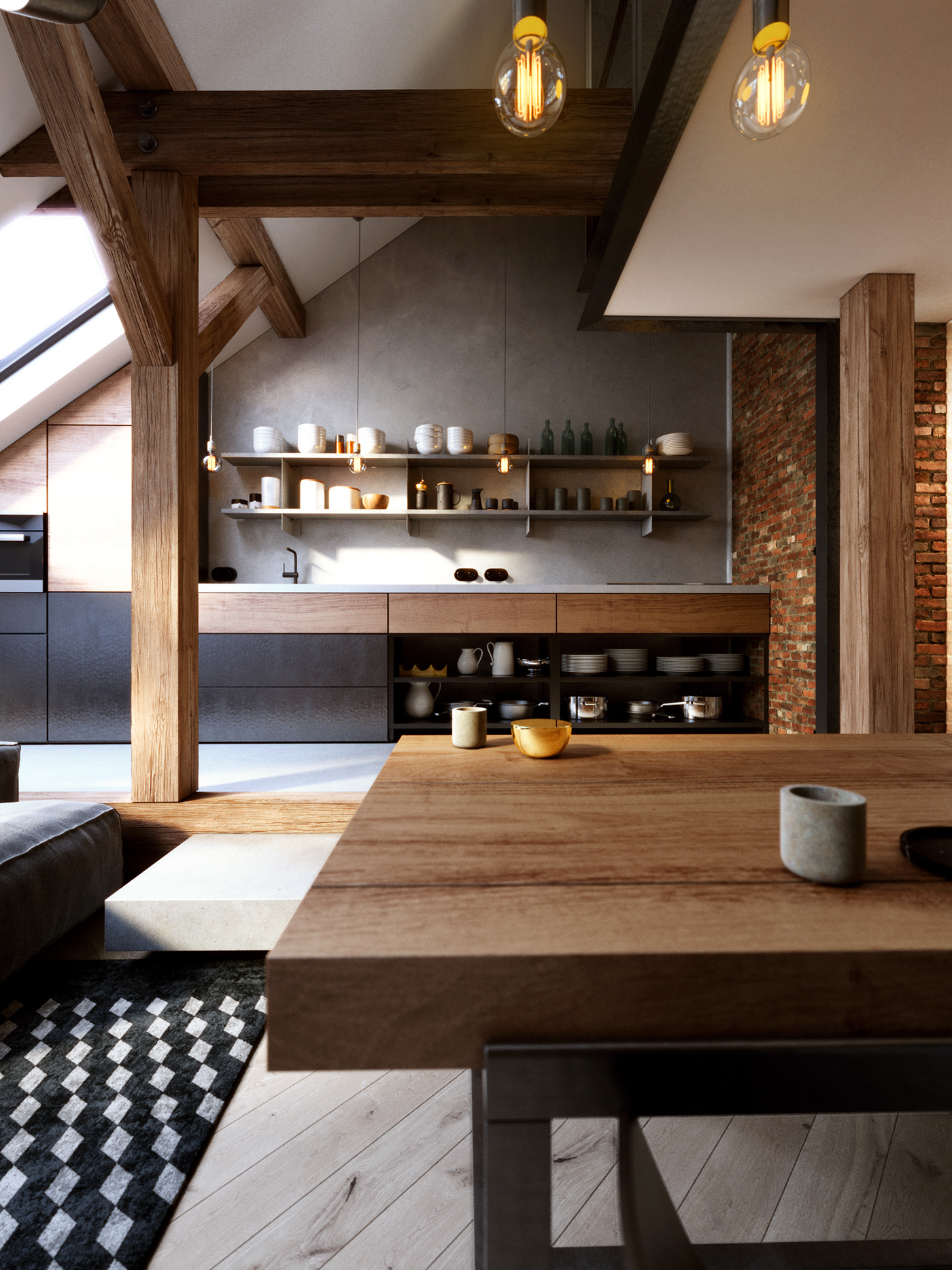 3D apartment architecture archviz Attic design Interior prague wood