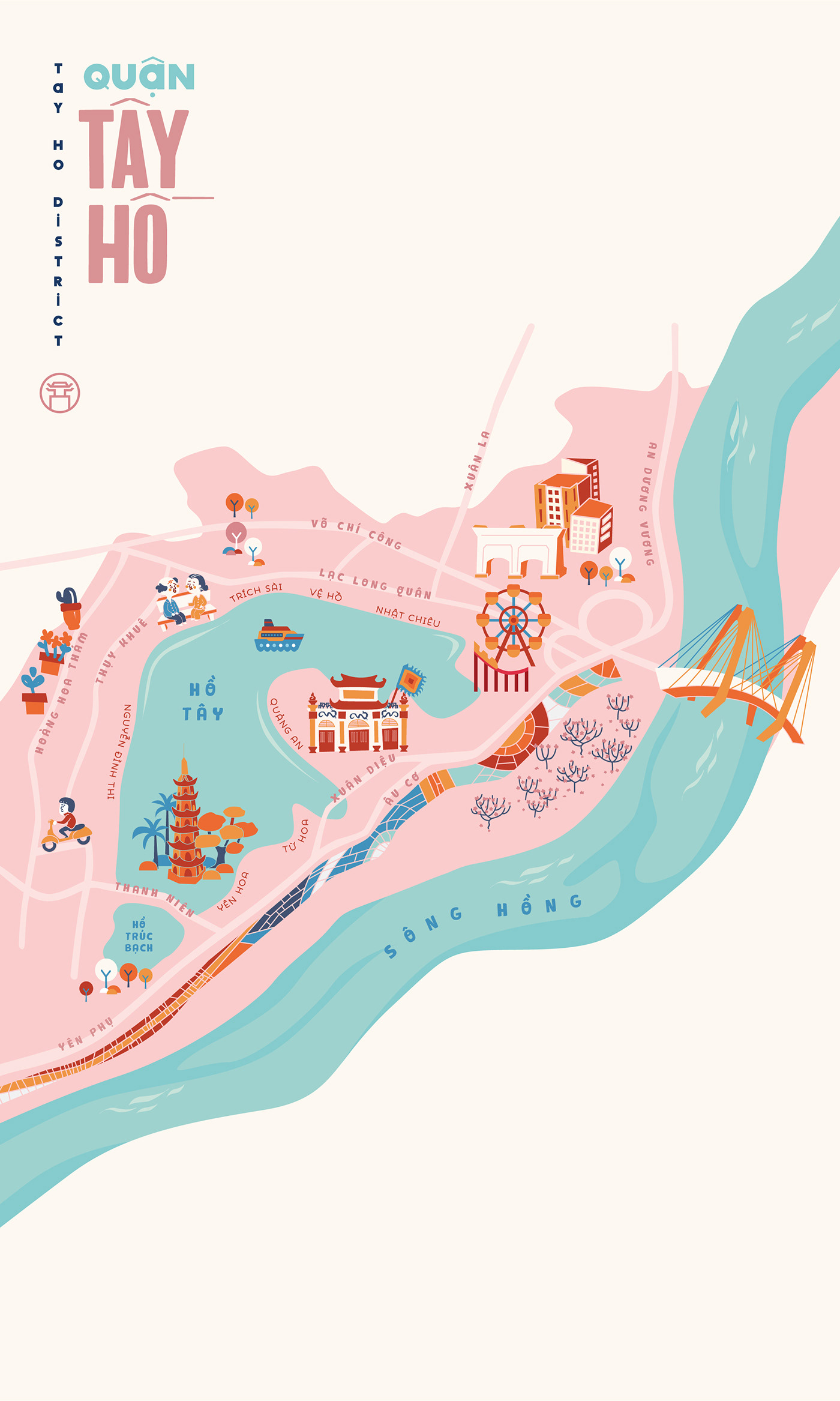 ILLUSTRATION  hanoi vietnam Street map district Travel colorful vietnamese print