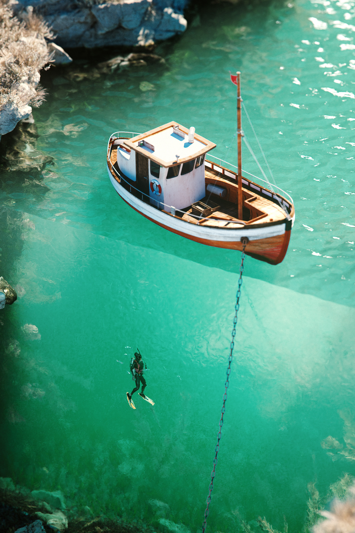 3D rendering CGI octane Cinema Render water boat 4d scuba