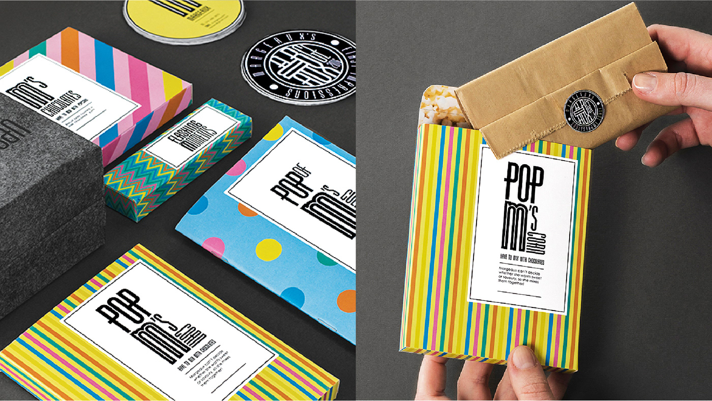 popcorn chocolate Packaging logo box Colourful  bright pop typography   vector