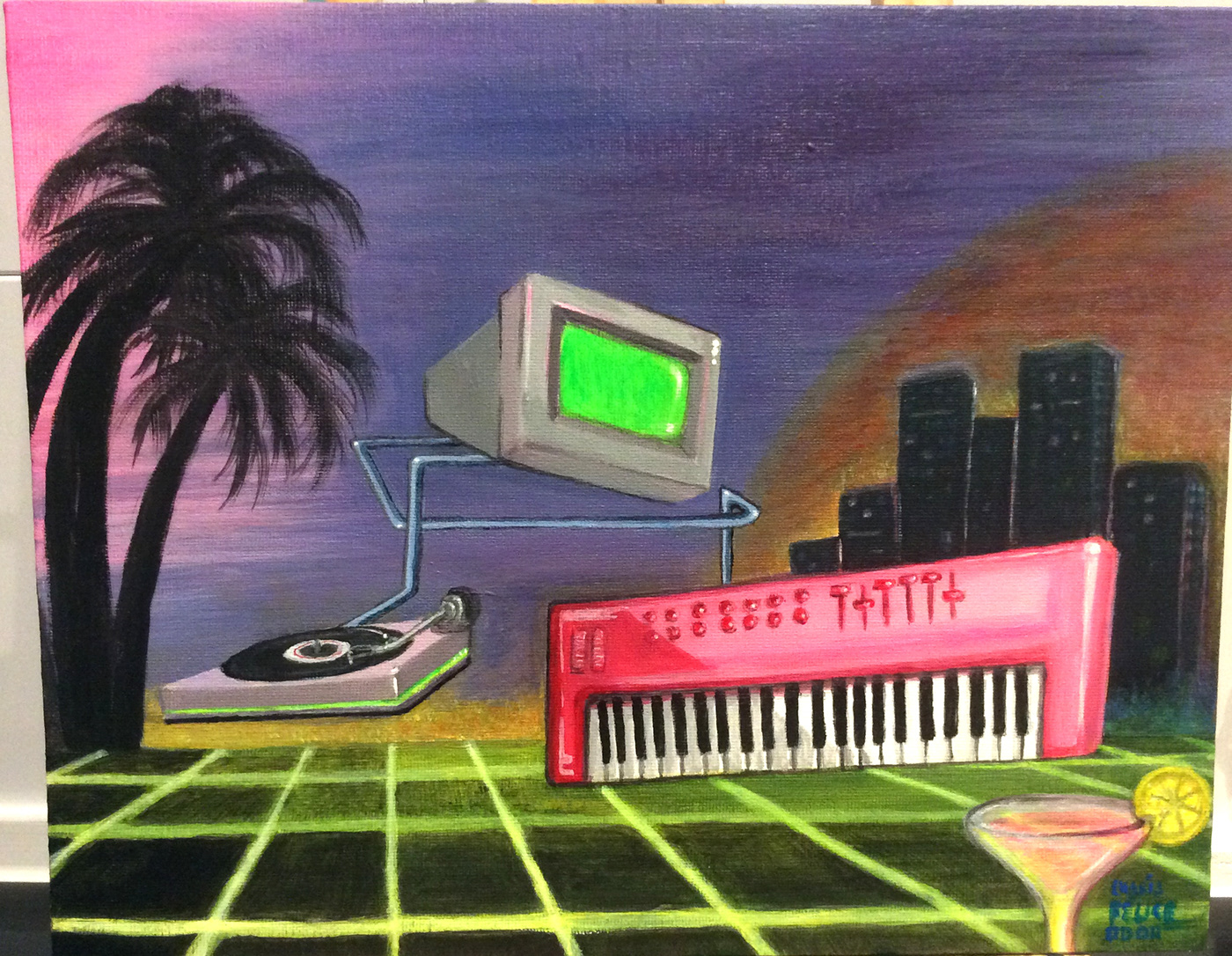 Synthwave synthpop music 80s Retro neon acrylic acrylic painting fluorescent acrylic on canvas