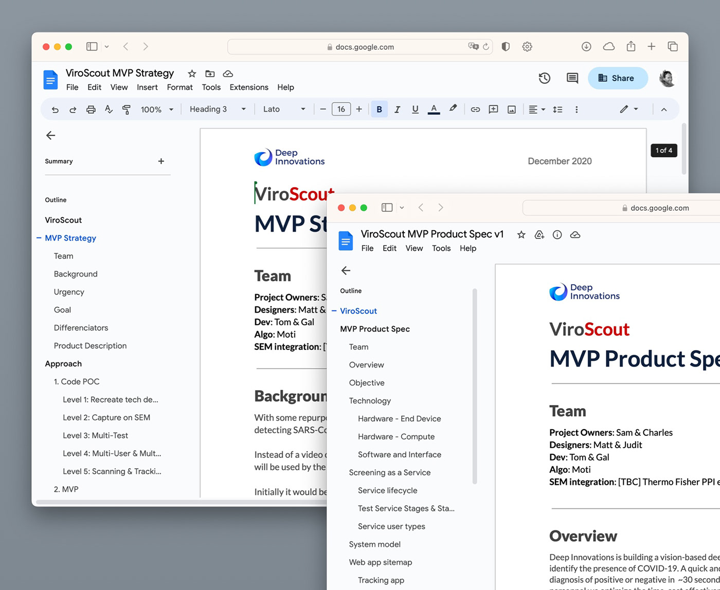 Screenshots of ViroScout's MVP Product Spec and Strategy in Google docs
