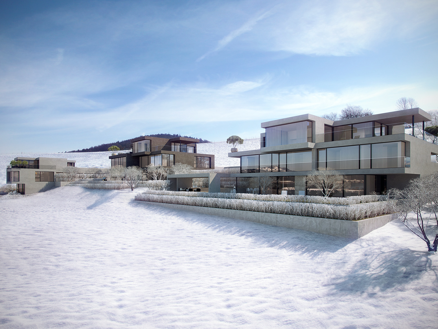 3D Render Villa CGI CG exterior Interior graphics houses hill winter summer