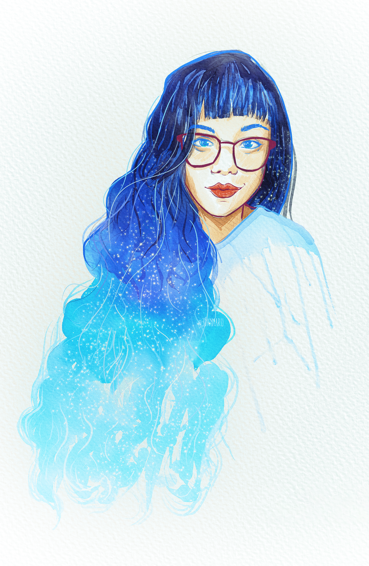 watercolor digital ILLUSTRATION  portrait color blue