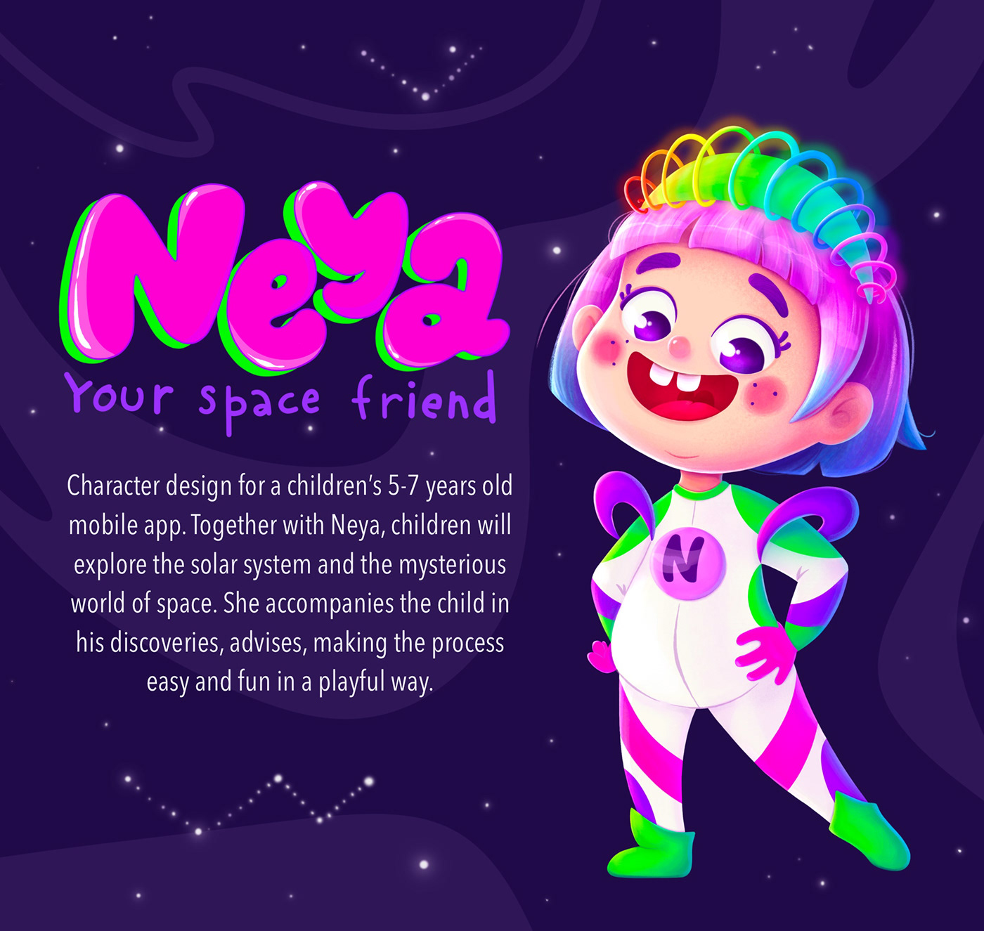 Character design for a children's 5-7 years old mobile app. Intergalactic girl in a neon costume.