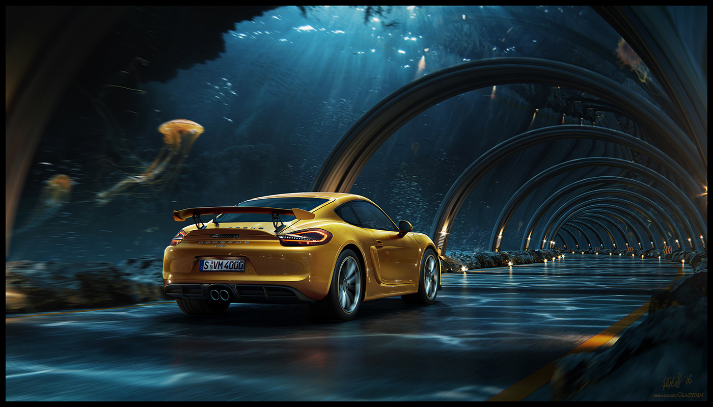 Glazyrin CGI car Porsche retouch photoshop 3ds max underwater Ocean