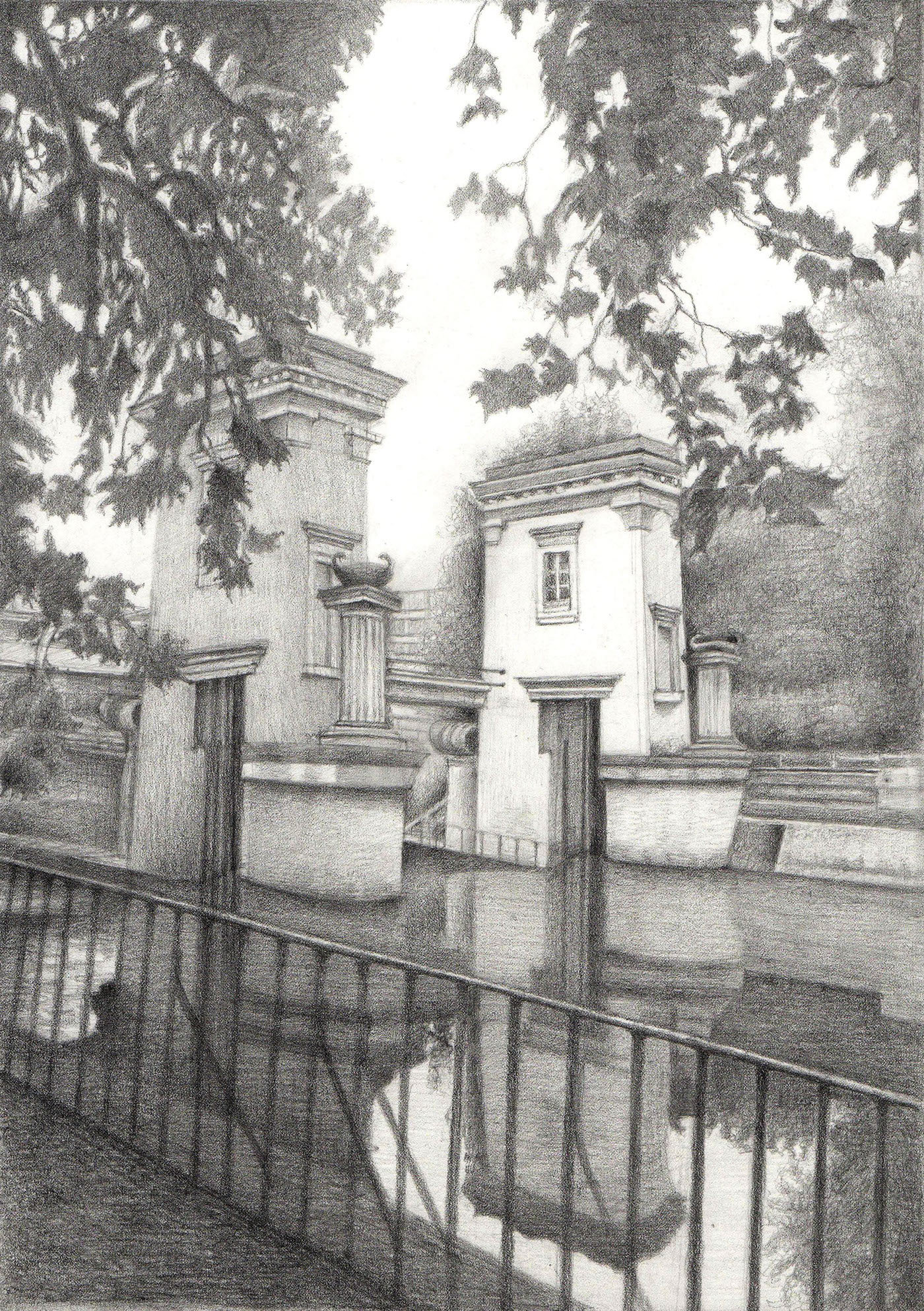 Pencil drawing graphite pencil handdrawn arhitecture water bariers ljubljana Urban quite places beautiful places islet of past