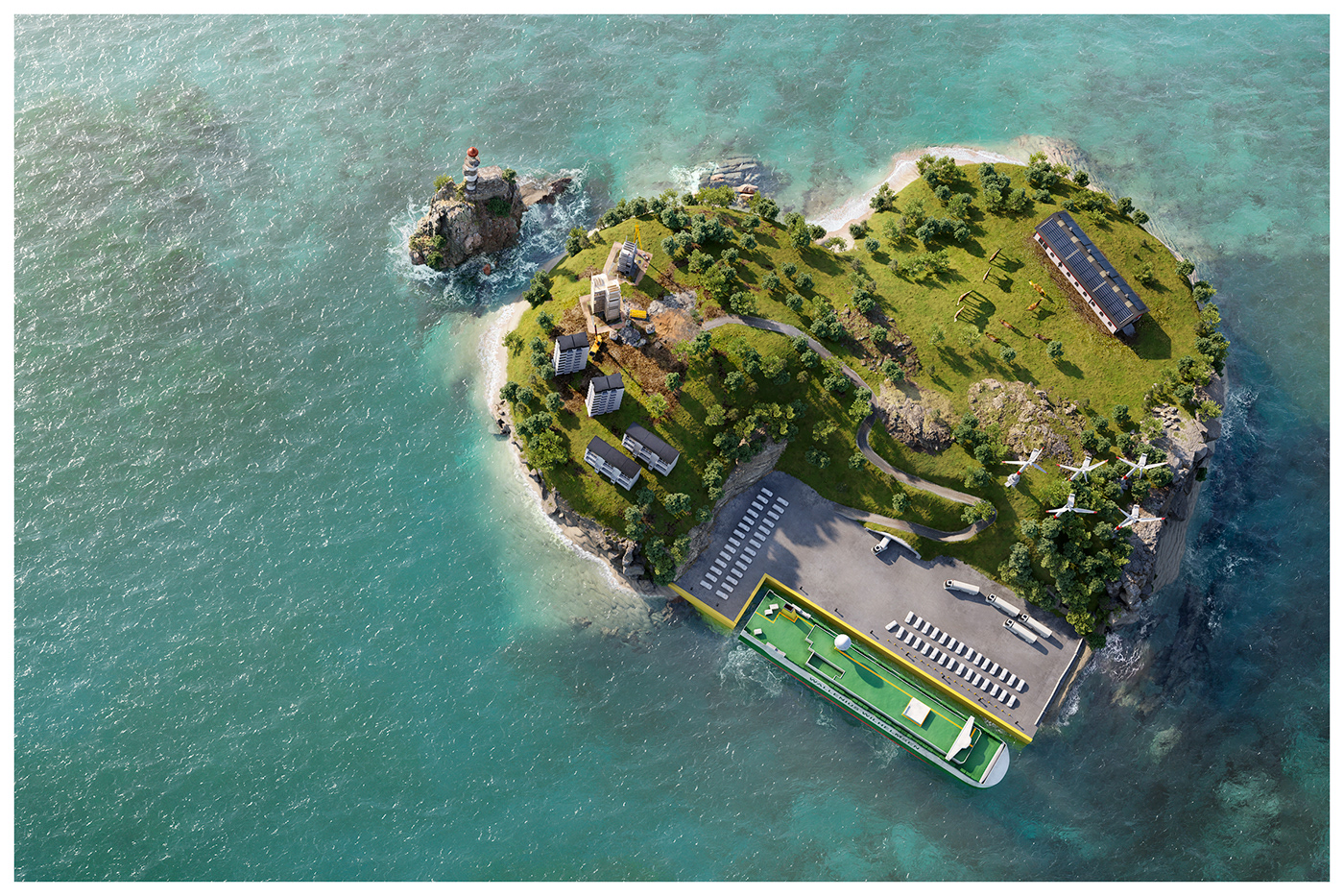 3D Island Landscape lighthouse Love Ocean realestate vessel water waves