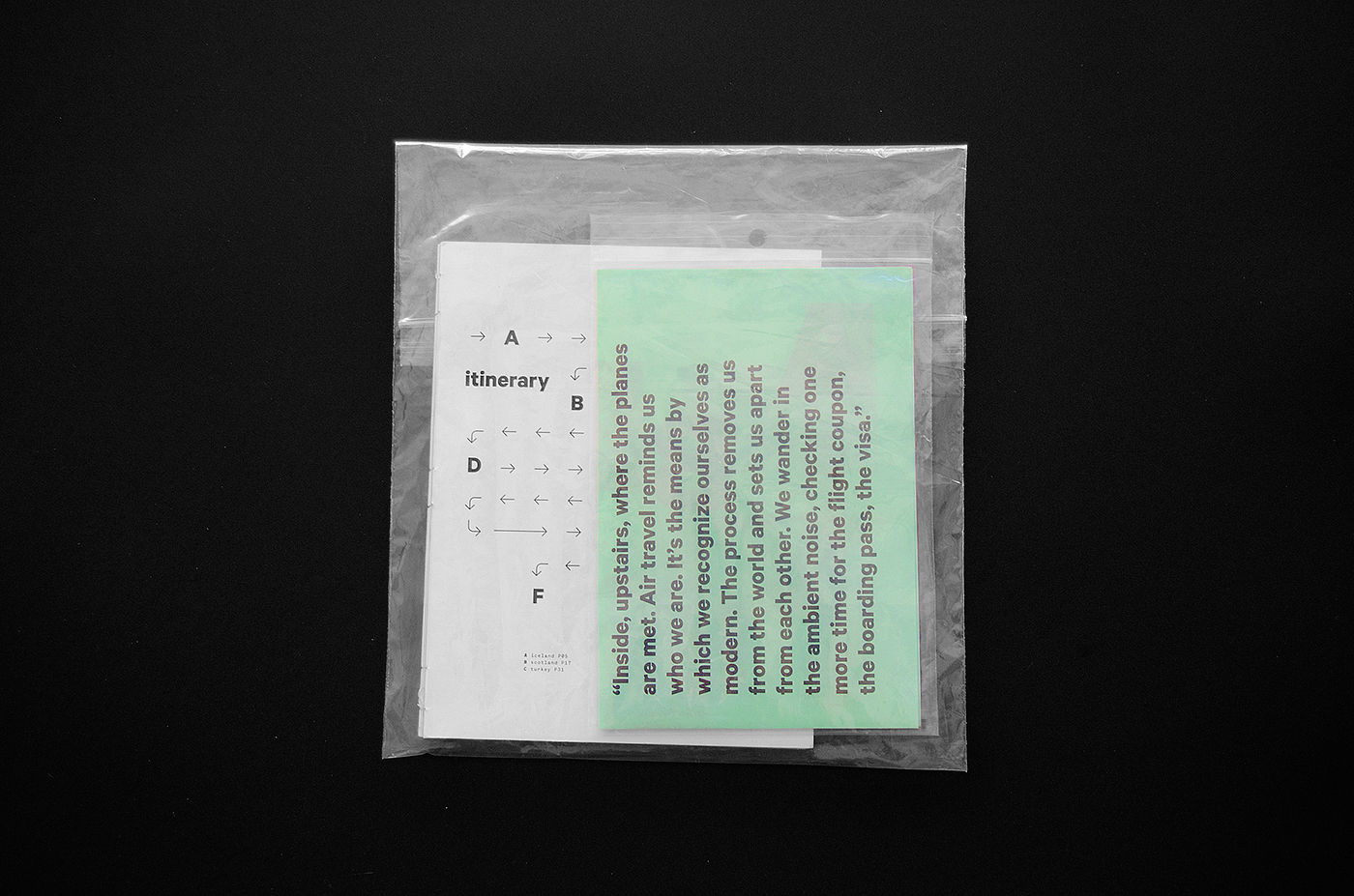 itinerary multiple plane brochure flyer Travel monospaced airport clean black White grayscale transparent mint green