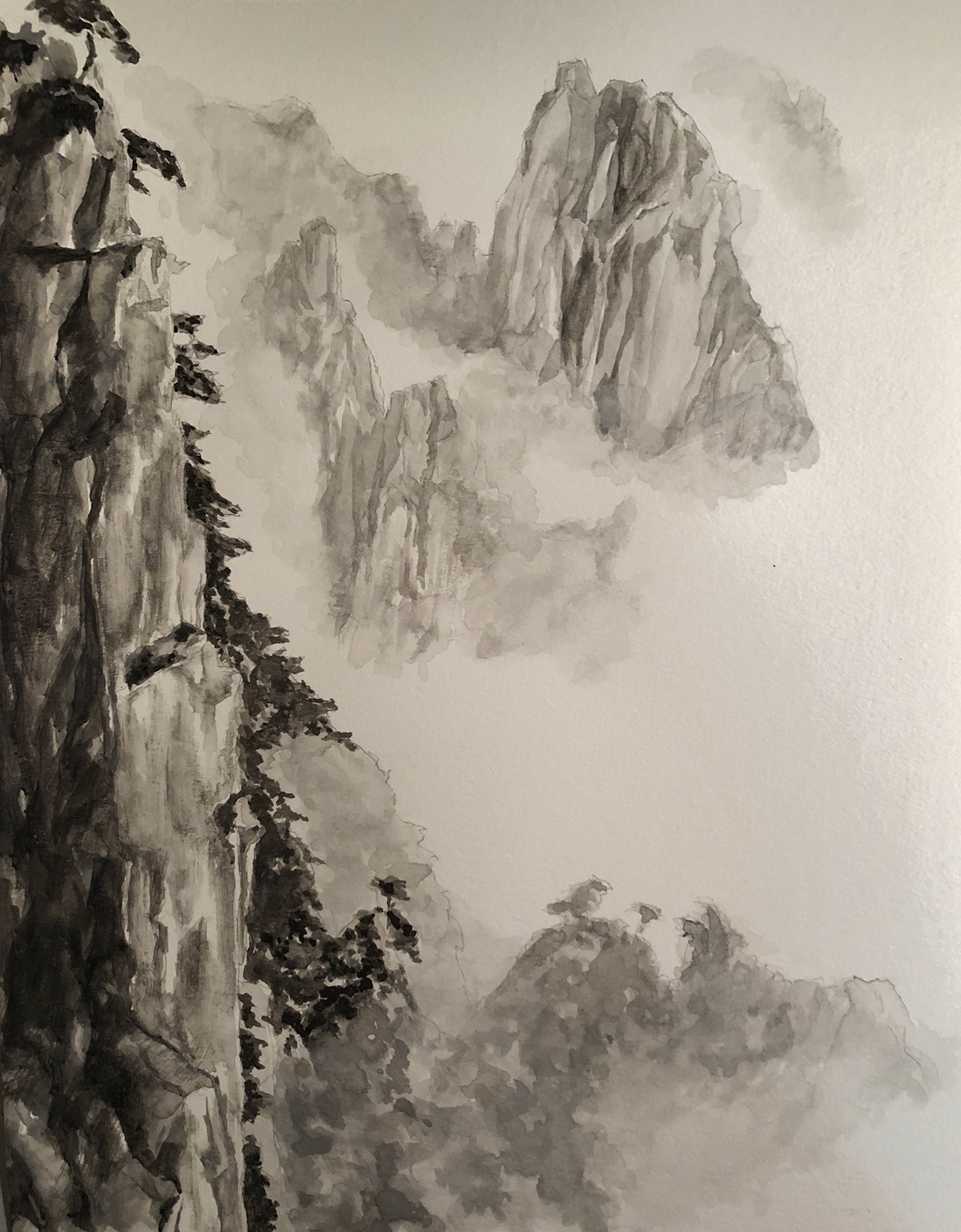 Huangshan anhui china watercolor painting   Landscape scenery mountain mist