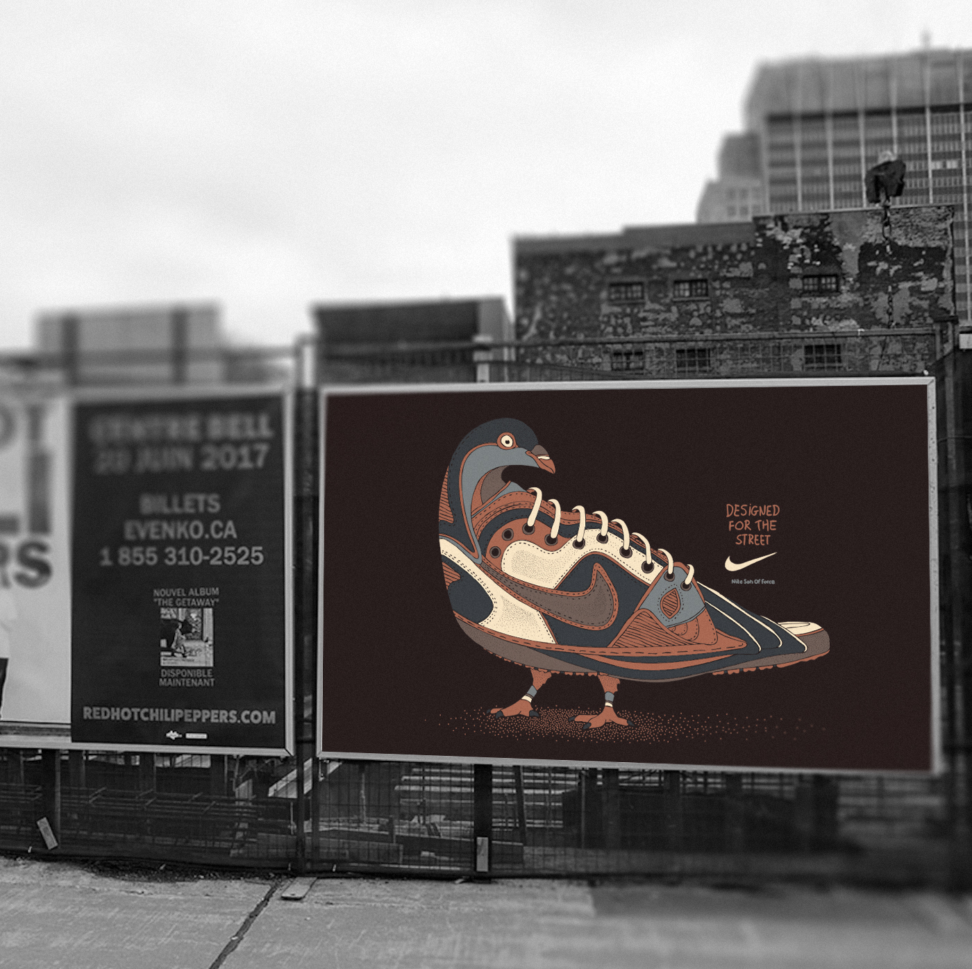 Nike shoes pigeon Street art ad running kicks conceptual