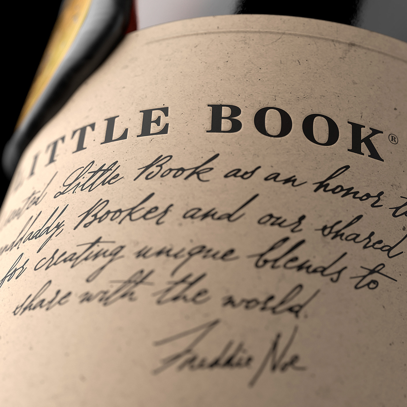 alcohol bottle Bourbon Whiskey box CGI Freddie Noe little book Packaging product visual