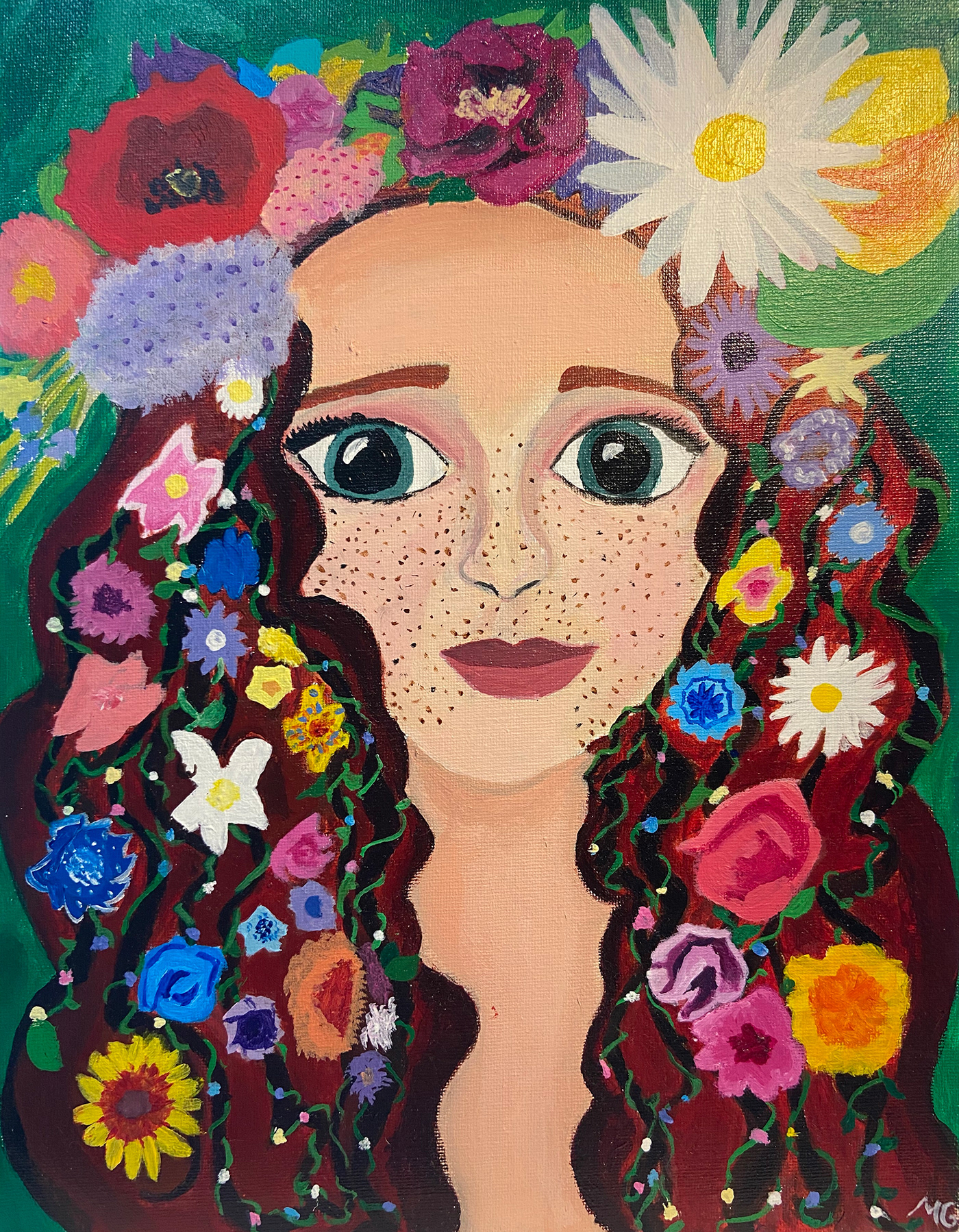 acrylic painting colorful enviornmental Flowers greek mythology mythology painting   Persephone stylization portrait TRADITIONAL ART